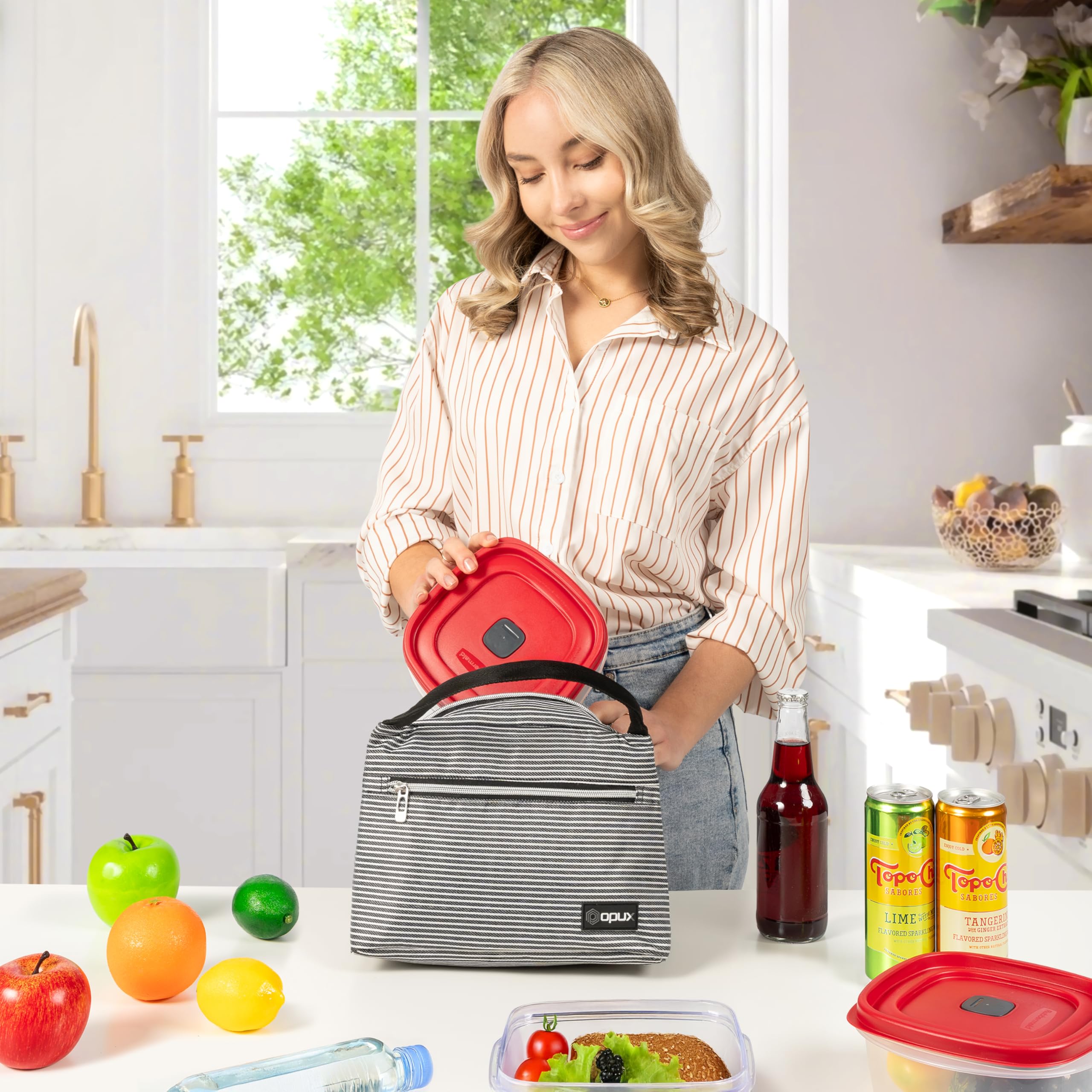 OPUX Insulated Lunch Bag for Women & Girls - Reusable Cooler Tote for Work, School, Travel & Picnic - Small Food Container Holds 11 Cans - Stripe Black Design - Perfect for Office Lunch, College Meals & Outdoor Adventures