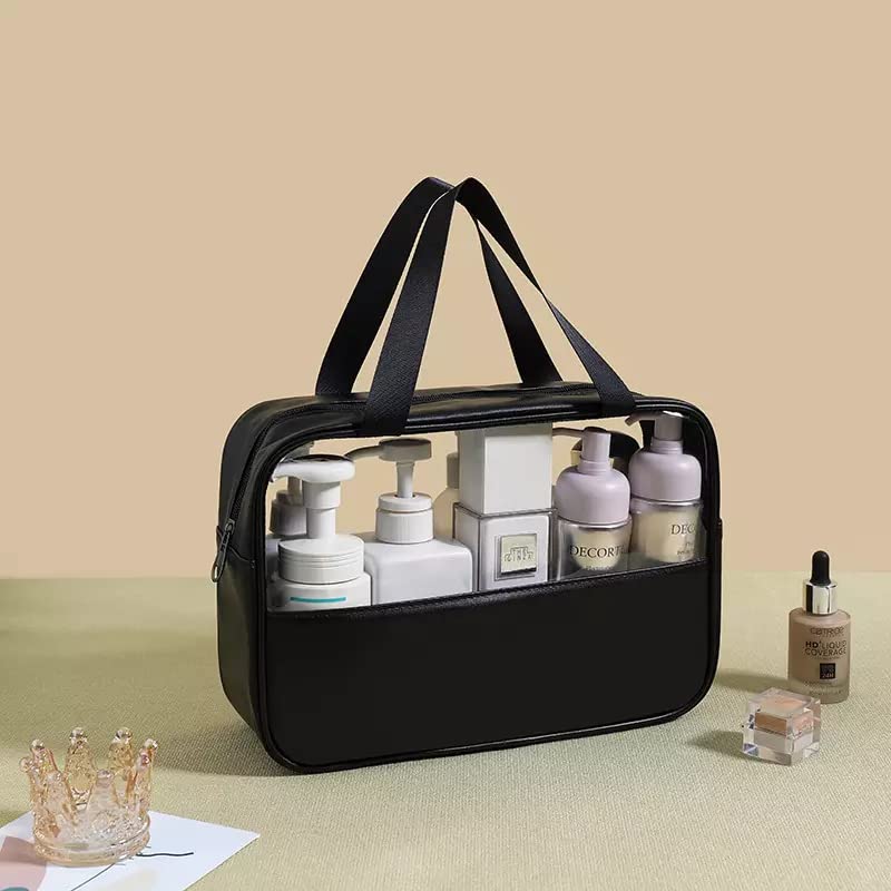 Trendegic Clear PVC Travel Cosmetic Bag - Waterproof Toiletry & Makeup Organizer Pouch for Women & Girls (Black, 1 Pack) - Perfect for Airplane Carry-On, Gym Essentials & Vacation Packing