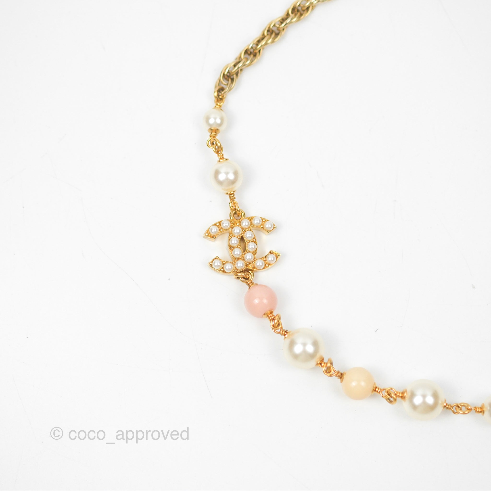 Chanel CC Pearl Pink Beaded Necklace in Gold Tone - Elegant Fashion Jewelry for Women, Perfect for Parties, Weddings & Special Occasions