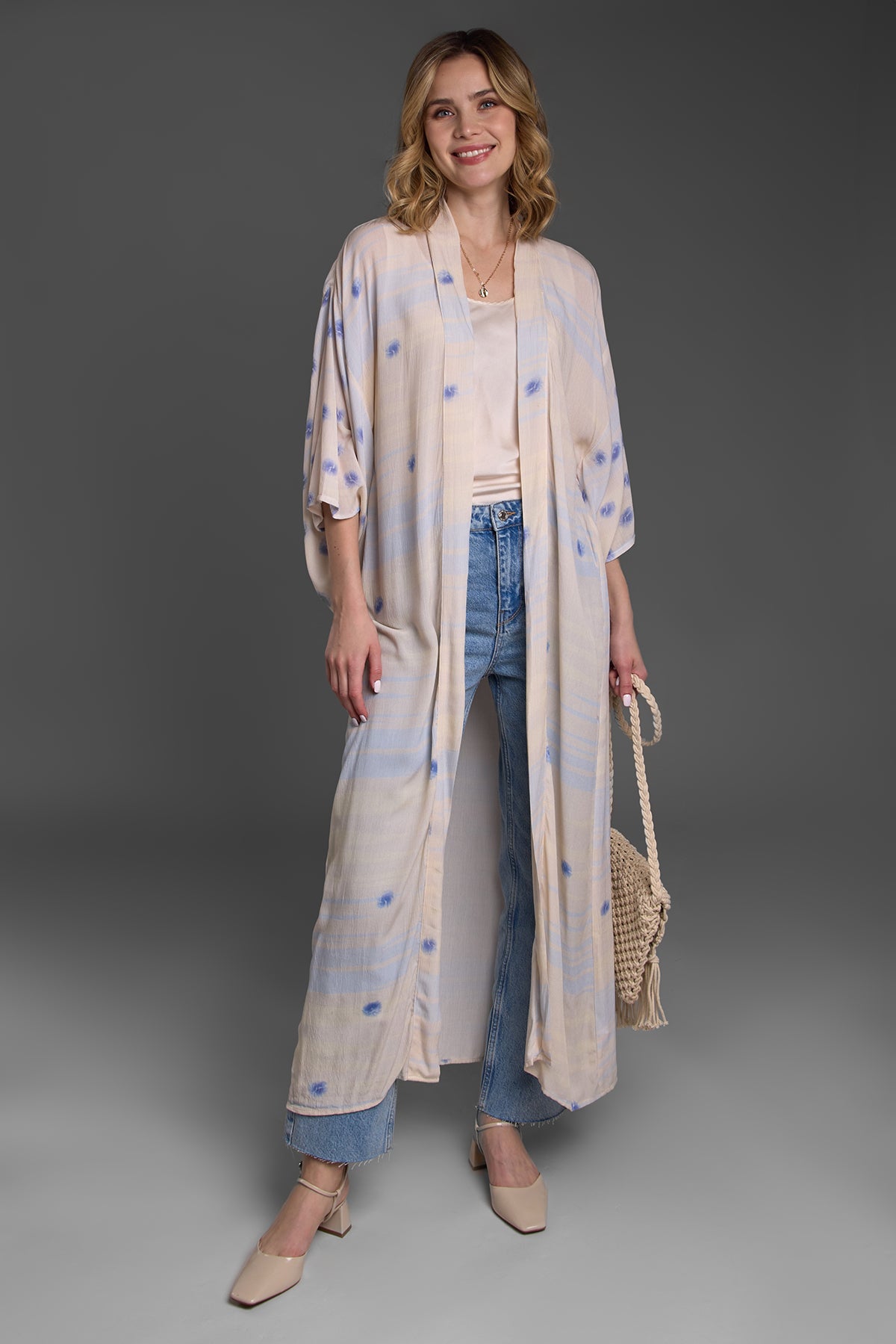 Soft Blue Dot Kimono - Lightweight Floral Printed Japanese Robe for Women - Perfect for Spa, Yoga, and Relaxation at Home