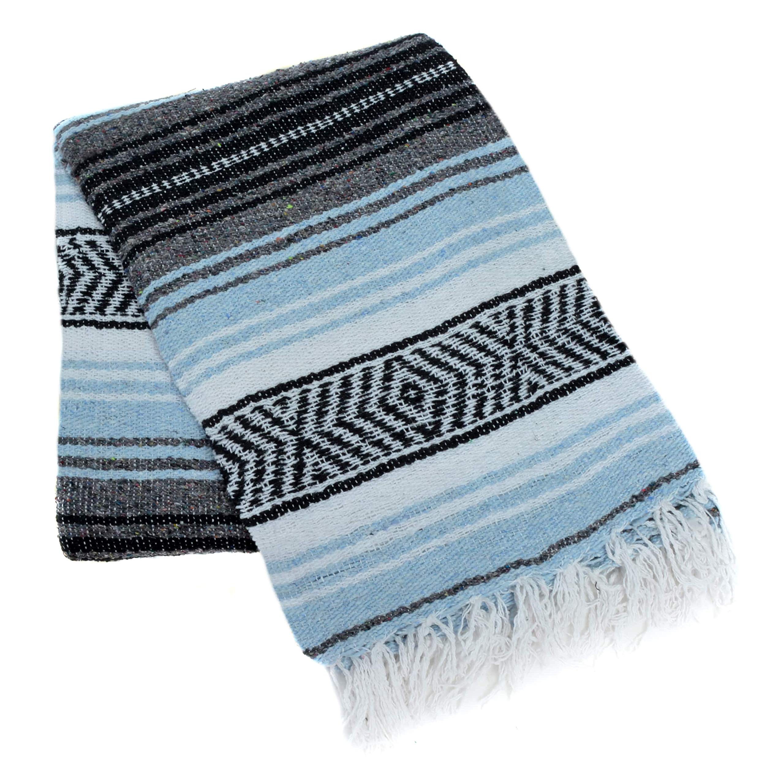 La Montana Classic Mexican Yoga Blankets - 10-Pack Soft & Thick Reversible Blankets for Yoga, Meditation, Camping, Beach & Home Decor - Machine Washable (Light Blue/Charcoal/White)