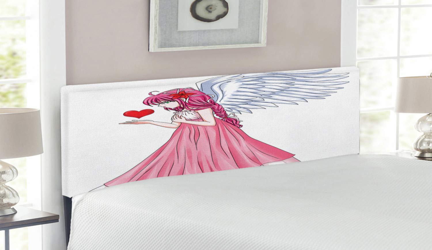 Ambesonne Anime Headboard - Angel in Pink Dress Holding Heart, Romantic Valentine's Day Decor, Upholstered Metal Bed Frame with Memory Foam, Queen Size (Pink/Red/White) - Perfect for Anime Lovers' Bedroom, Valentine's Gift, or Themed Guest Room