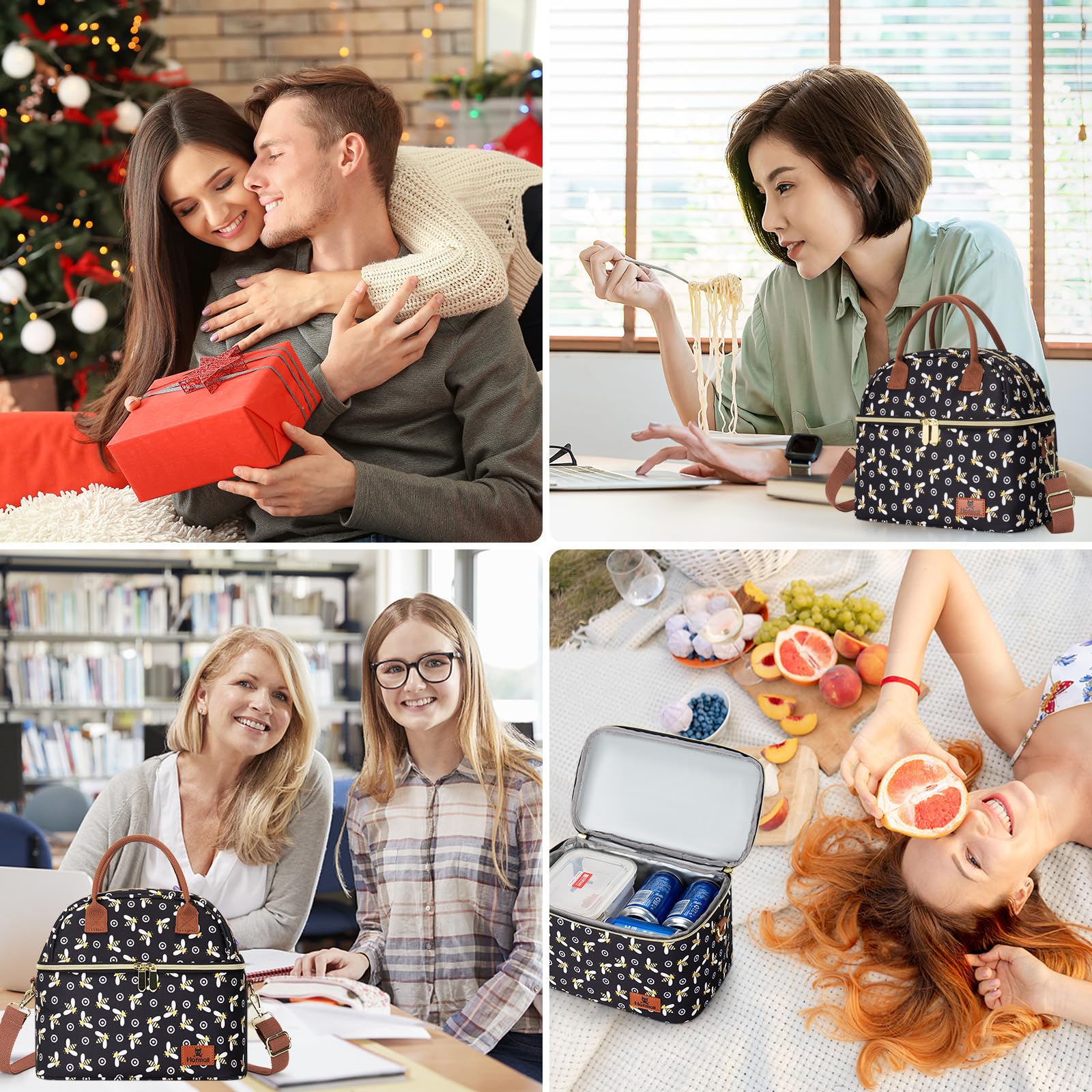 Hafmall Double Decker Insulated Lunch Bag for Women - Large Reusable Lunch Tote with Shoulder Strap, Cute Work Lunch Box for Office, School & Picnic - Bee Design | Perfect for Meal Prep, Commuting & Outdoor Activities