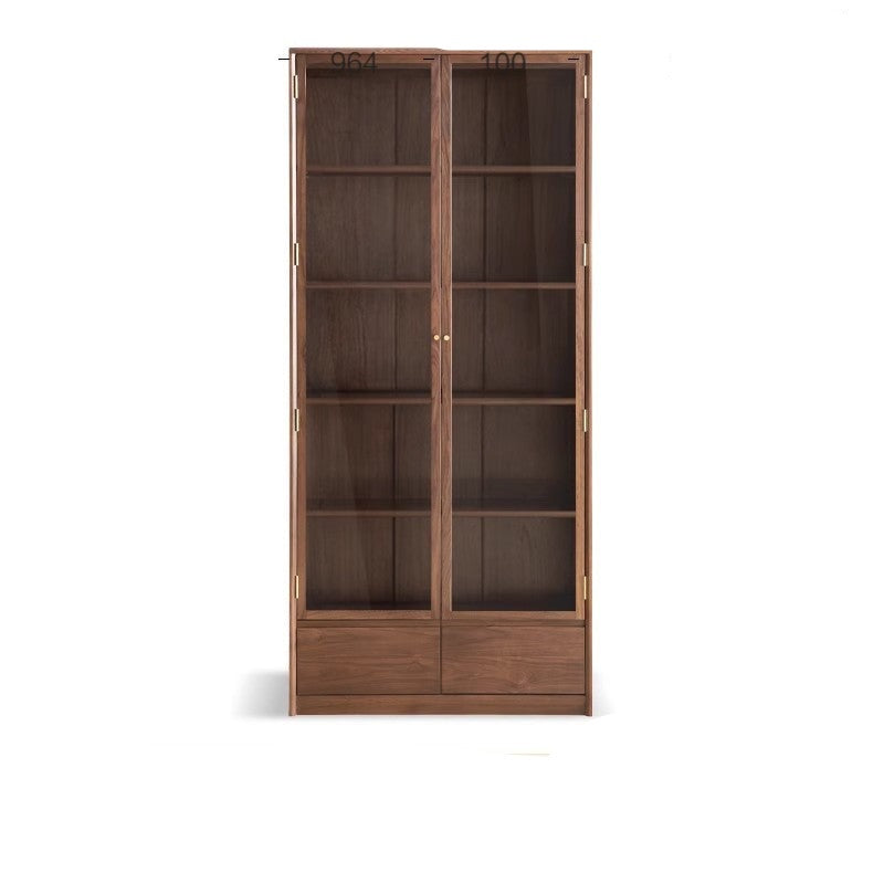 Solid Black Walnut Wood Bookcase with Glass Doors - Stylish Display & Storage Cabinet for Living Room, Office, or Library