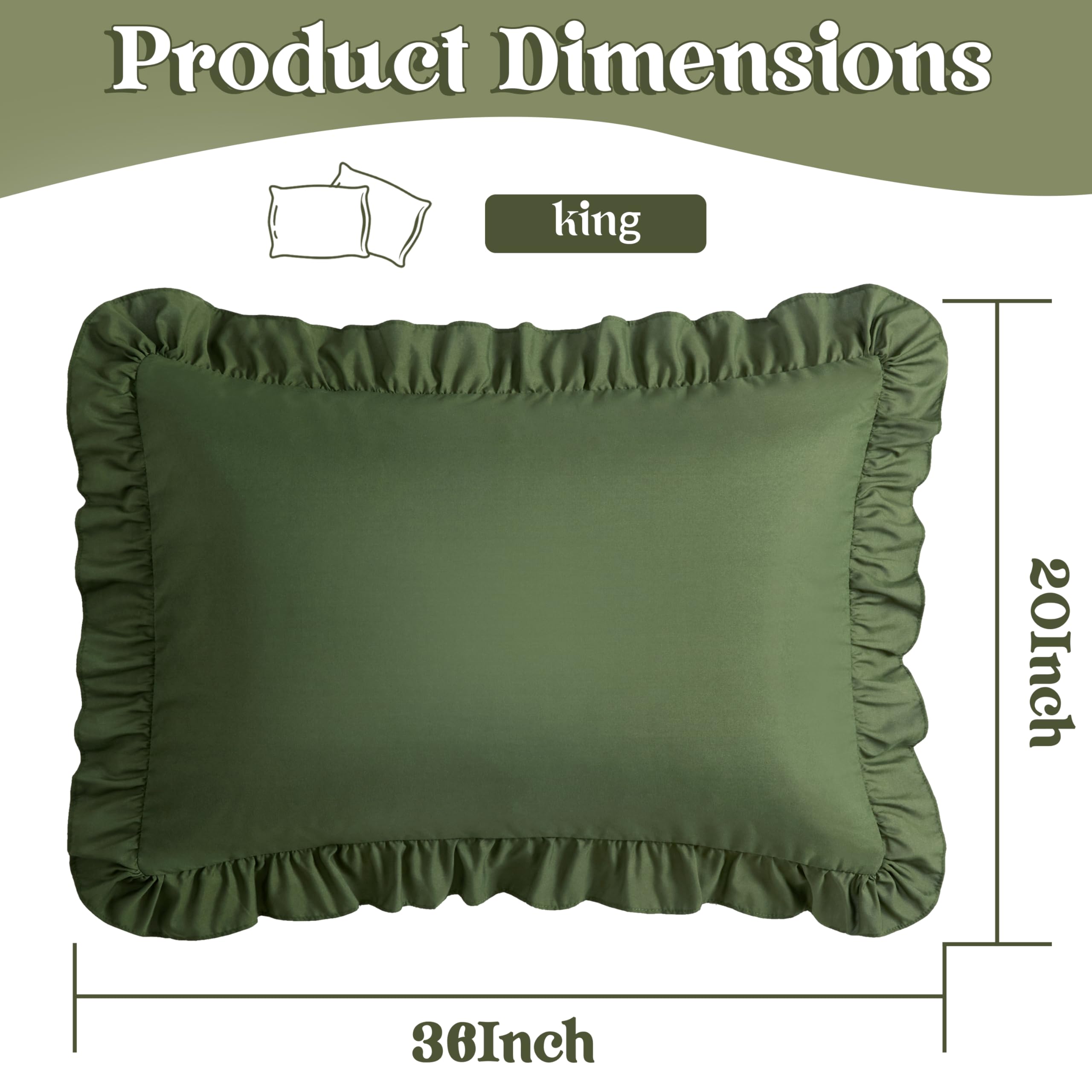 KKJIAF King Size Ruffle Pillowcase Set of 2 - 20x36 Inch Wrinkle Resistant Decorative Pillow Covers with Envelope Closure, Olive Green Ruffled Pillow Shams for Bedroom, Sofa & Home Decor