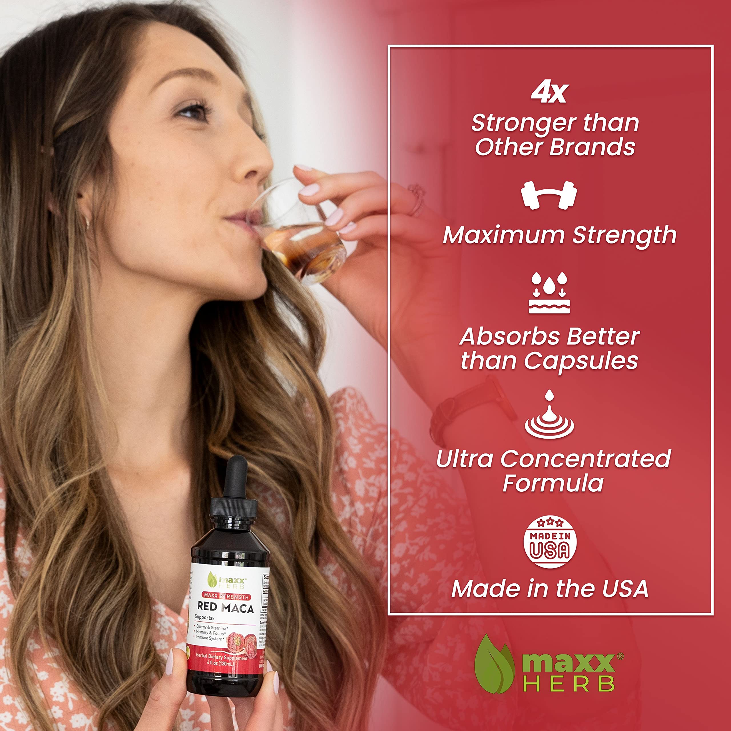 Maxx Herb Red Maca Root Extract - Max Strength Liquid Drops for Energy, Memory & Focus - Alcohol-Free Supplement - Better Absorption Than Powder or Capsules - 4 Bottles (4oz Each, 240 Servings) - Perfect for Workout Boosting, Study Focus & Daily Wellness Support