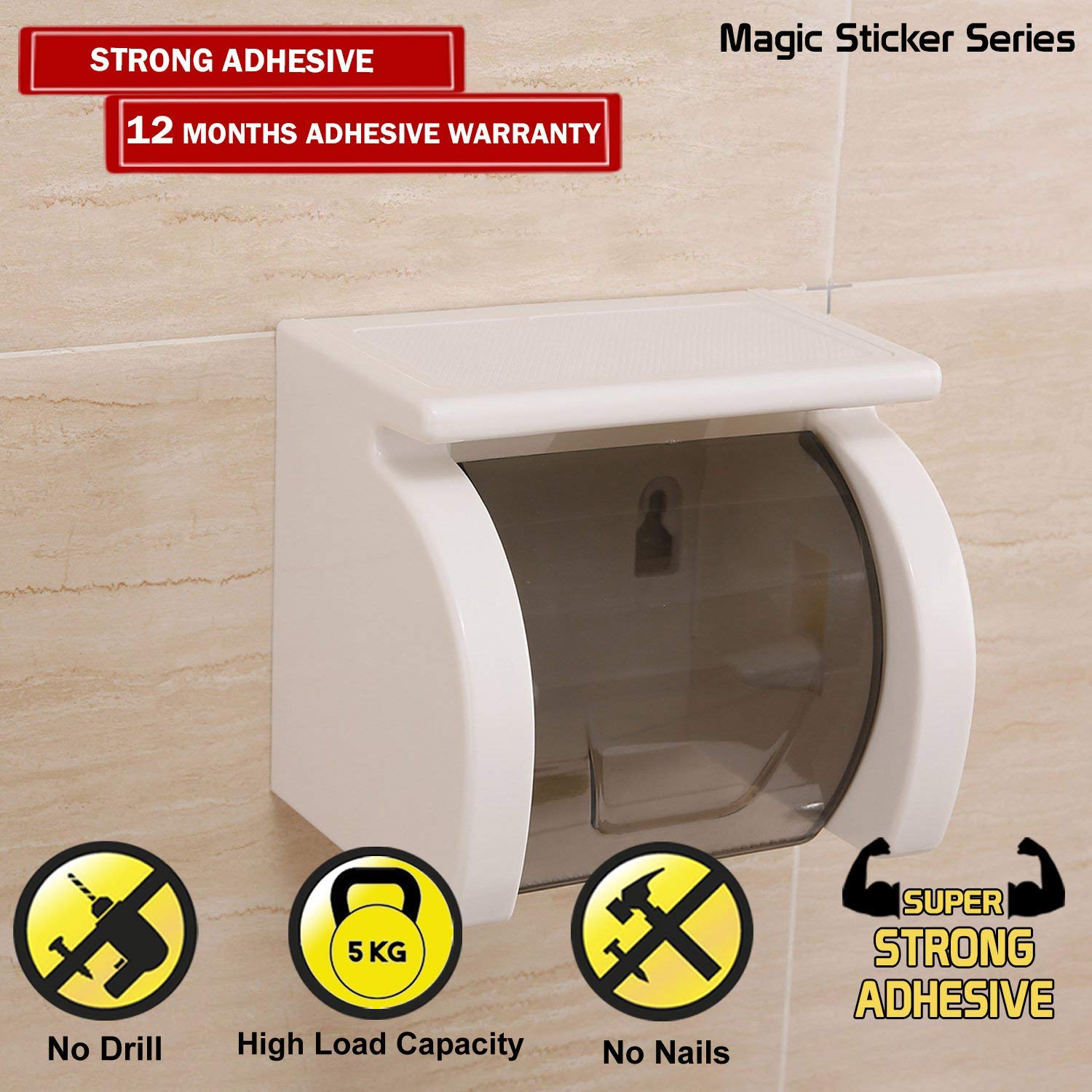 HOKIPO® Magic Sticker Series Toilet Paper Holder with Mobile Stand - No Drill Bathroom Organizer (Model AR1499) | Perfect for Small Bathrooms, RVs & Apartments