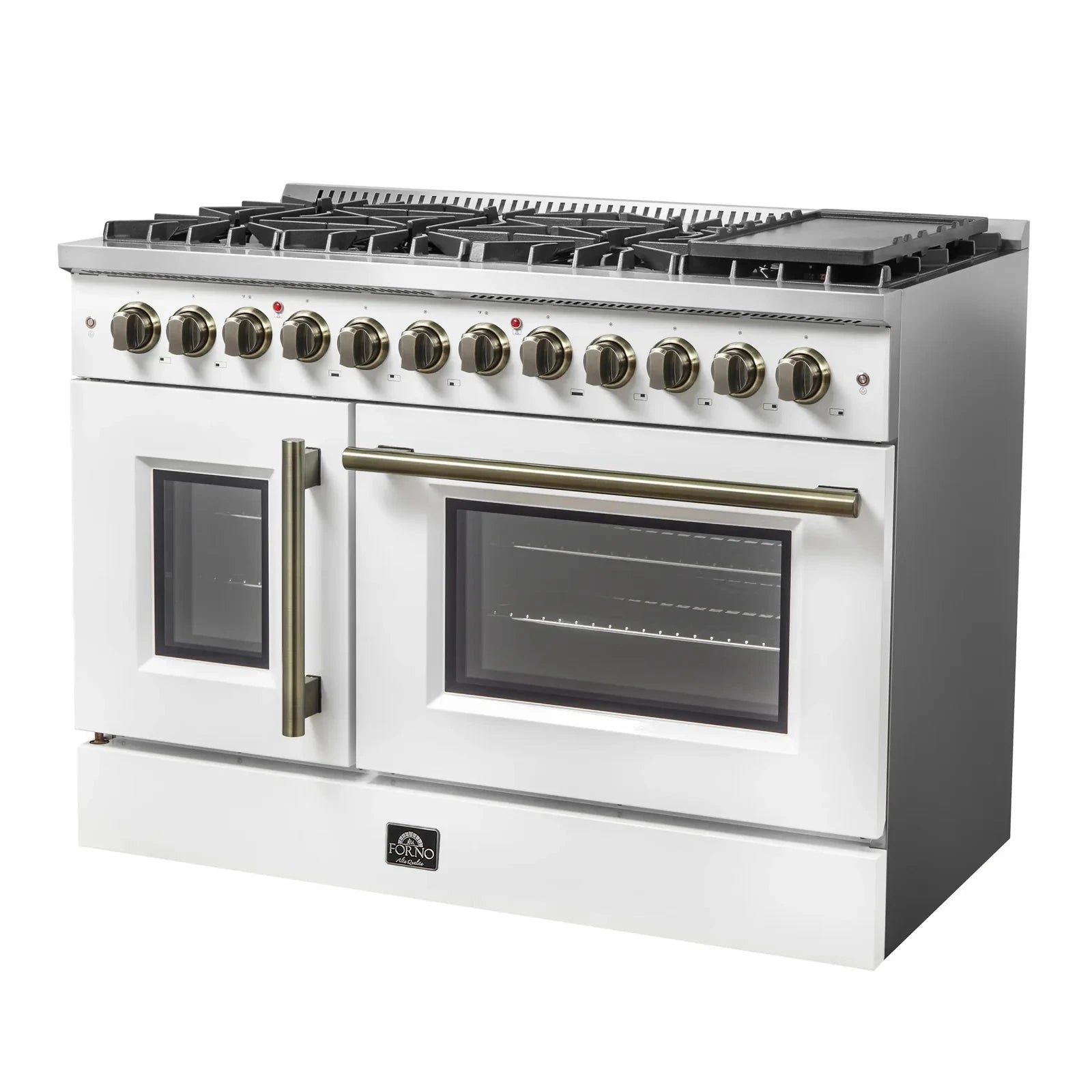 Forno Galiano 48-Inch French Door Dual Fuel Range - 8 Burner Gas Cooktop with Electric Convection Oven - White Antique Brass Trim (Model FFSGS6356 48WHT) - Perfect for Gourmet Kitchens & Professional Chefs