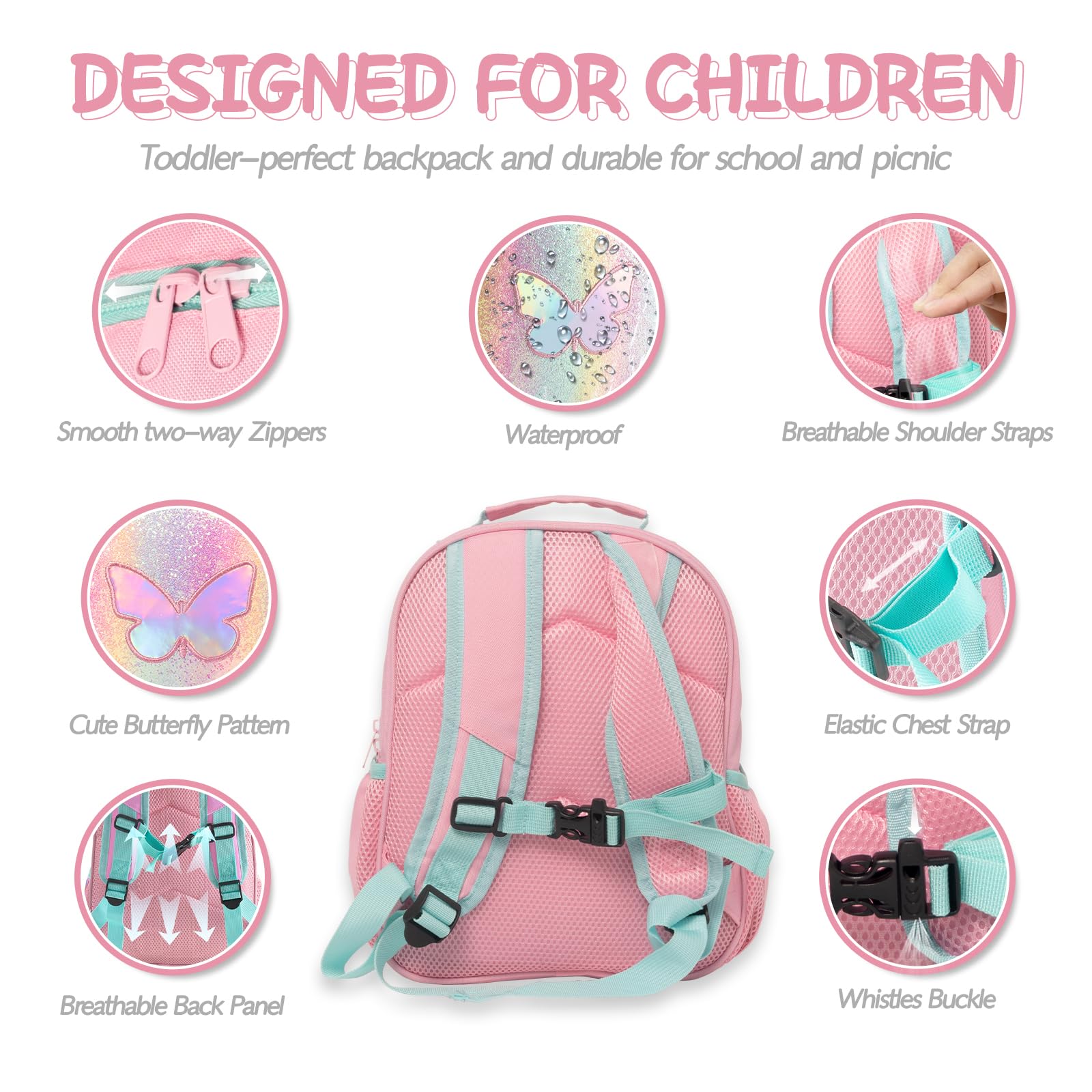 Adorable Toddler Backpack for Girls & Boys Age 2-6 | Cute Butterfly Design Kids Backpack with Adjustable Chest Strap | Perfect for Kindergarten, Preschool & Daycare Adventures