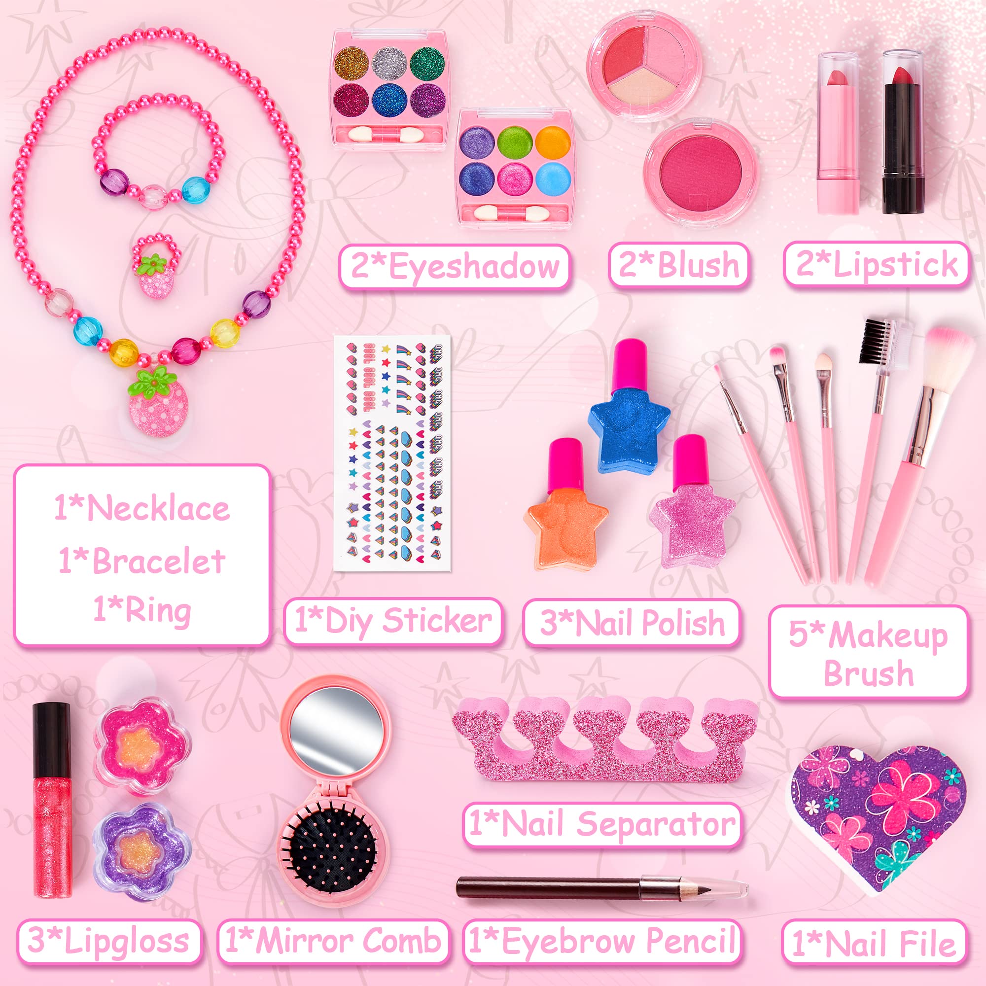 Chennyfun 25-Piece Kids Makeup Kit - Washable Toy Cosmetic Set with Blush & Accessories for Girls - Perfect Birthday Gift & Pretend Play Dress-Up