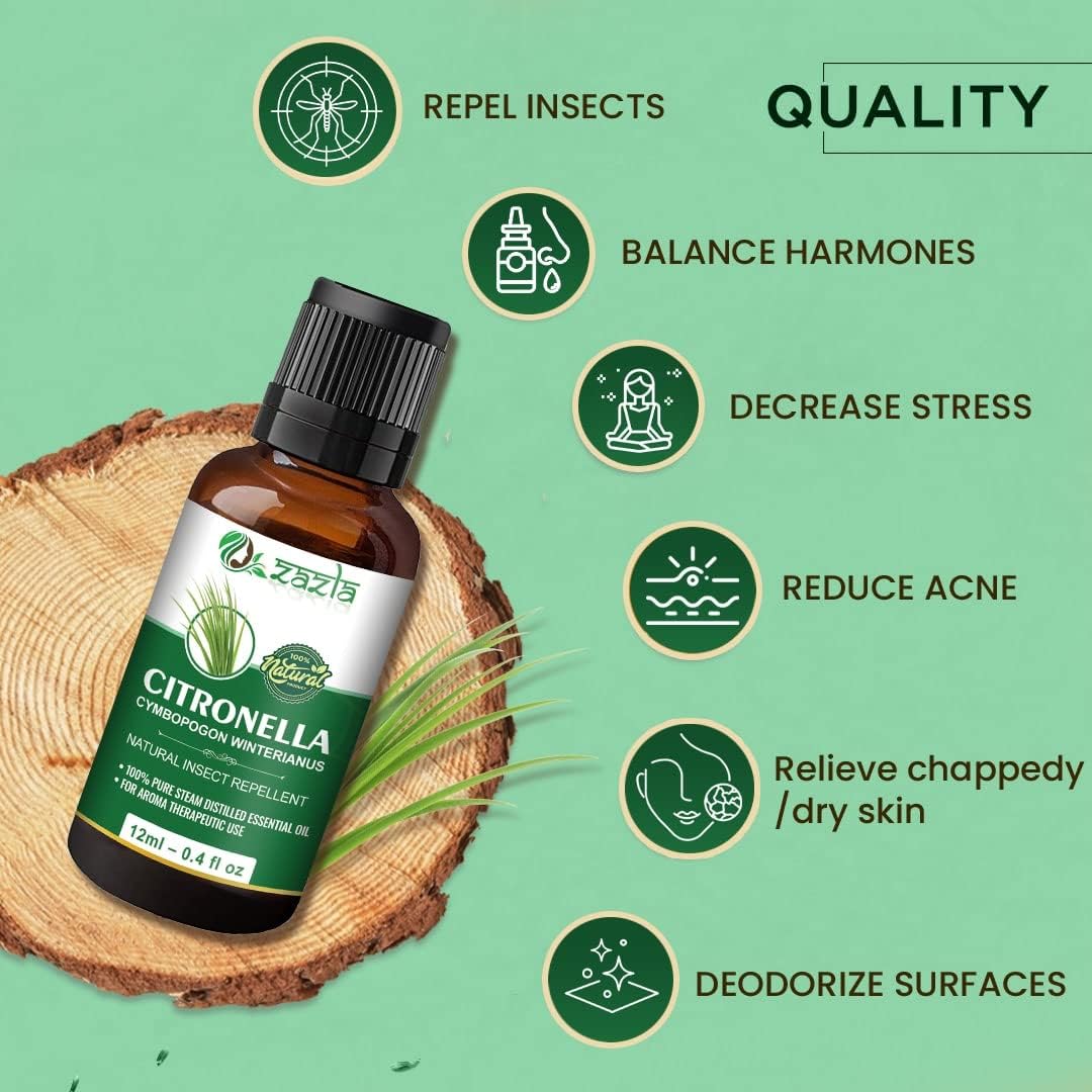 Zazla 100% Pure Citronella Essential Oil - Natural Undiluted Therapeutic Grade for Healthy Hair, Oily Skin, Acne & Aromatherapy | Perfect for Diffusers, Massage & DIY Beauty Products