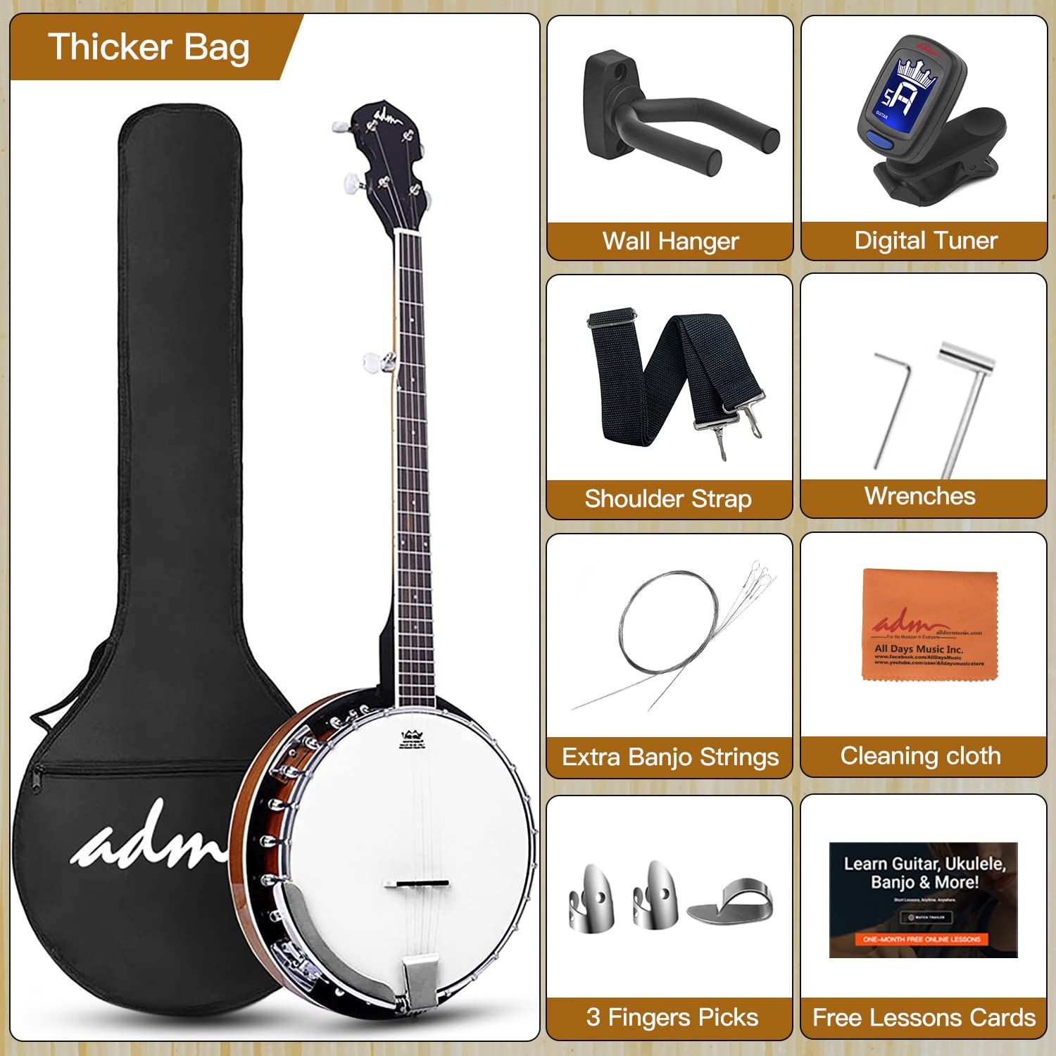 ADM 5-String Full Size Banjo Kit for Beginners - 38 Inch Resonator Banjo with Remo Drum Head, Open/Closed Back Options, Free Lessons & Starter Accessories - Perfect Gift for Adults & Teens (Brown) - Ideal for Bluegrass, Folk Music & Country Performances