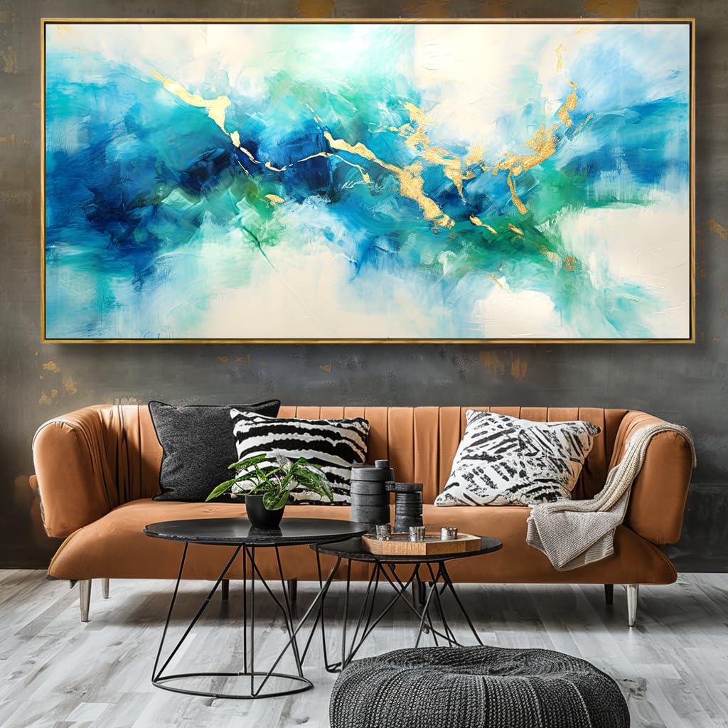 Abstract Canvas Wall Art - Green, Blue & Gold Fantasy Painting - Modern Home Decor for Bedroom, Living Room, Dining Room & Office - 24x48 Inch Framed Artwork - Perfect for Contemporary Spaces & Gift Giving