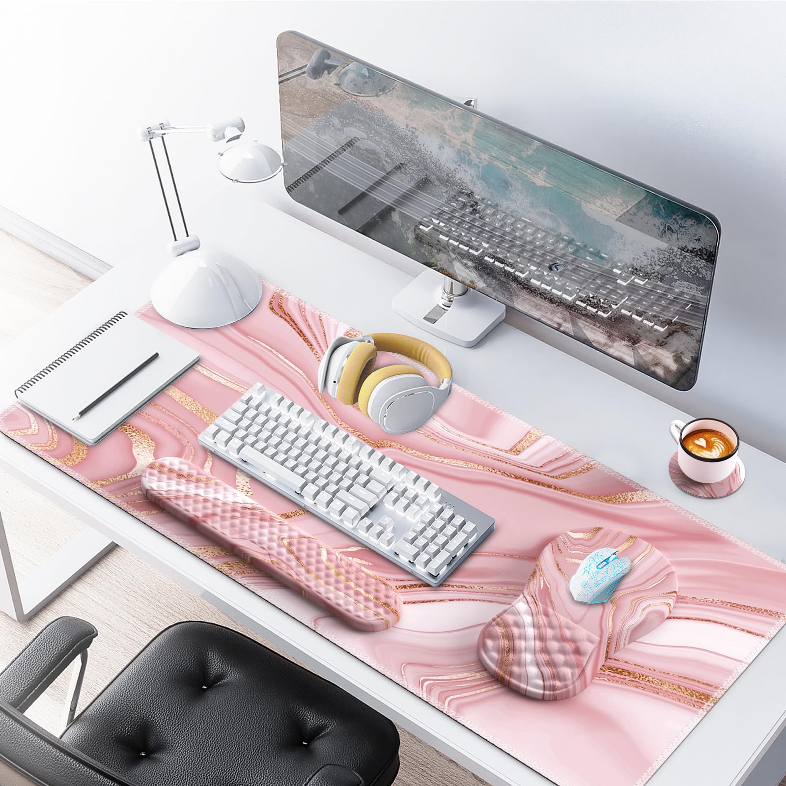 Pink Memory Foam Desk Mat with Wrist Rest - Rose Gold Keyboard & Mouse Pad for Comfortable Typing & Gaming - Non-Slip Computer Mat for Office & Home Workspace (Rose Gold Pink)