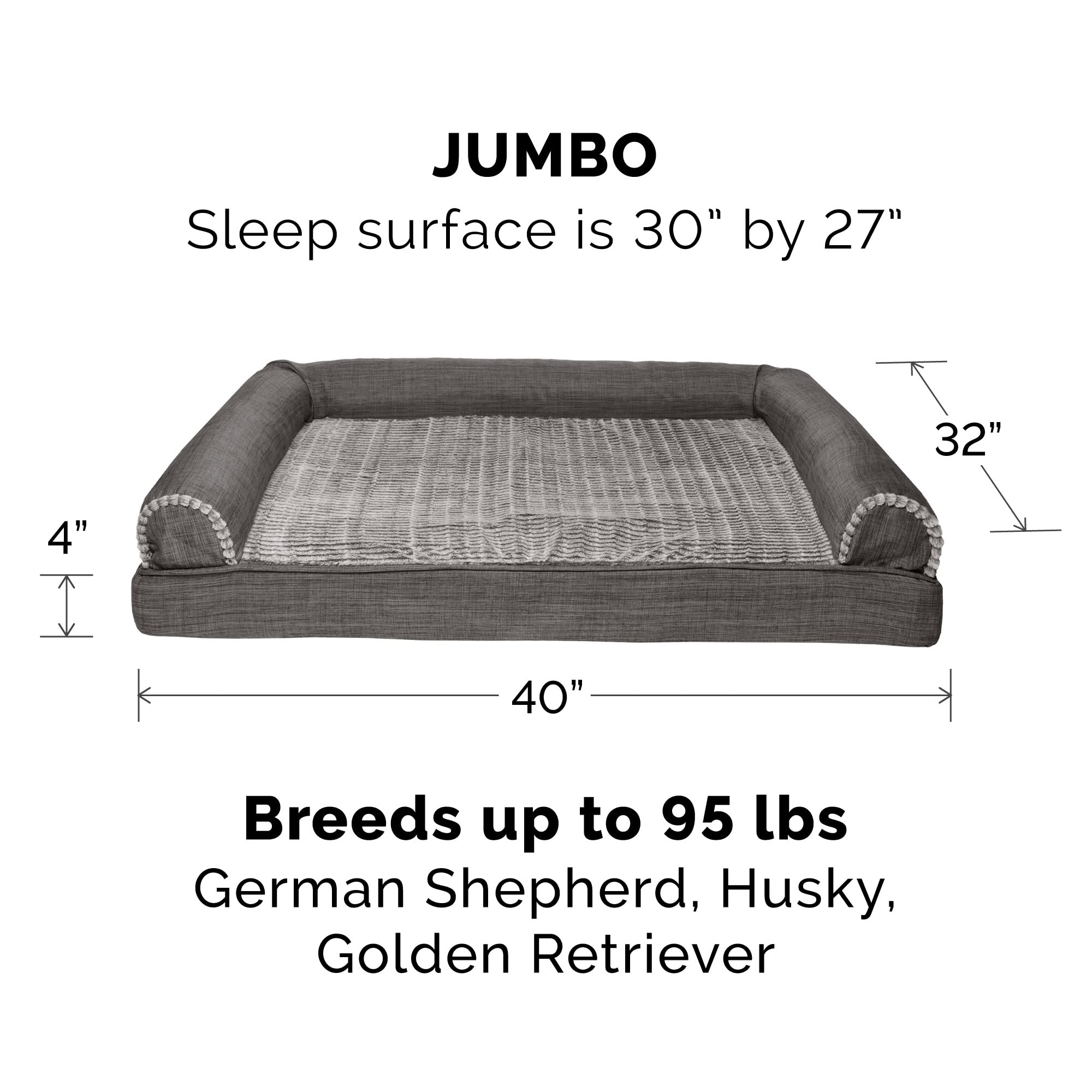 Furhaven Orthopedic Memory Foam Dog Bed for Large Dogs Up to 95 lbs - Removable Bolsters & Machine Washable Cover - Plush Faux Fur & Cooling Linen Sofa Style - Charcoal Grey (Jumbo/XL) - Perfect for Living Room, Bedroom or Pet-Friendly Office Spaces