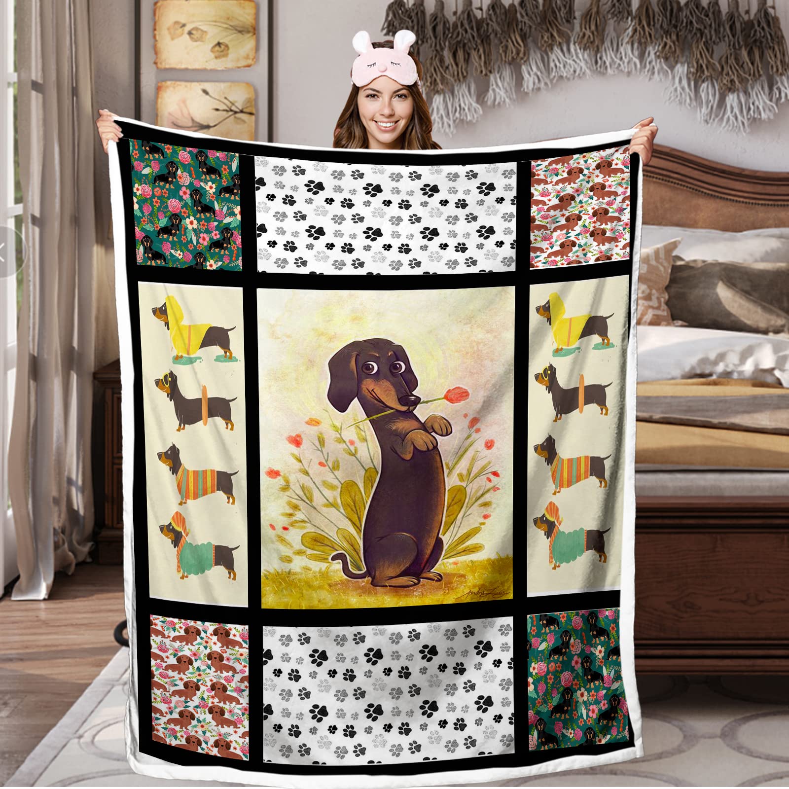 TOPTREE Soft Warm Sherpa Dachshund Christmas Blanket for Dogs - Cozy Couch Bed Sofa Chair Throw (50x60 inches) - Perfect Pet Gift for Kids & Holiday Decor
