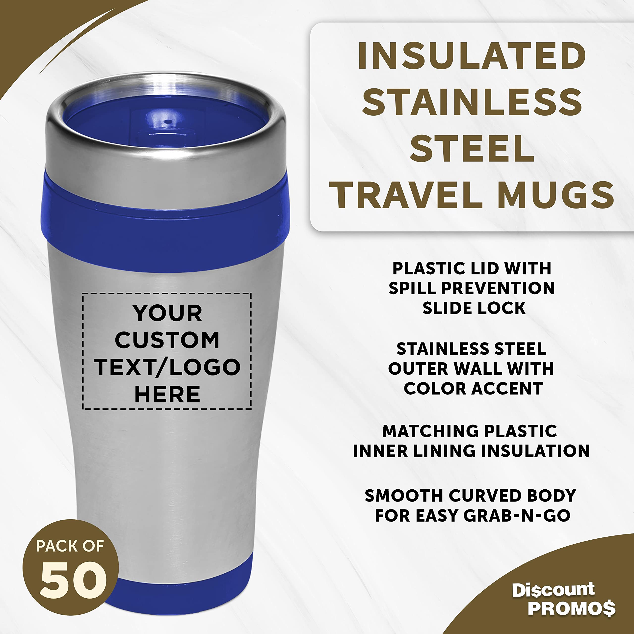 Custom Insulated Stainless Steel Travel Mugs 16 oz (50-Pack) - Personalized Bulk Coffee Cups for Hot & Cold Beverages - Reusable Drinkware for Office, Events, Promotions & Gifts - Blue