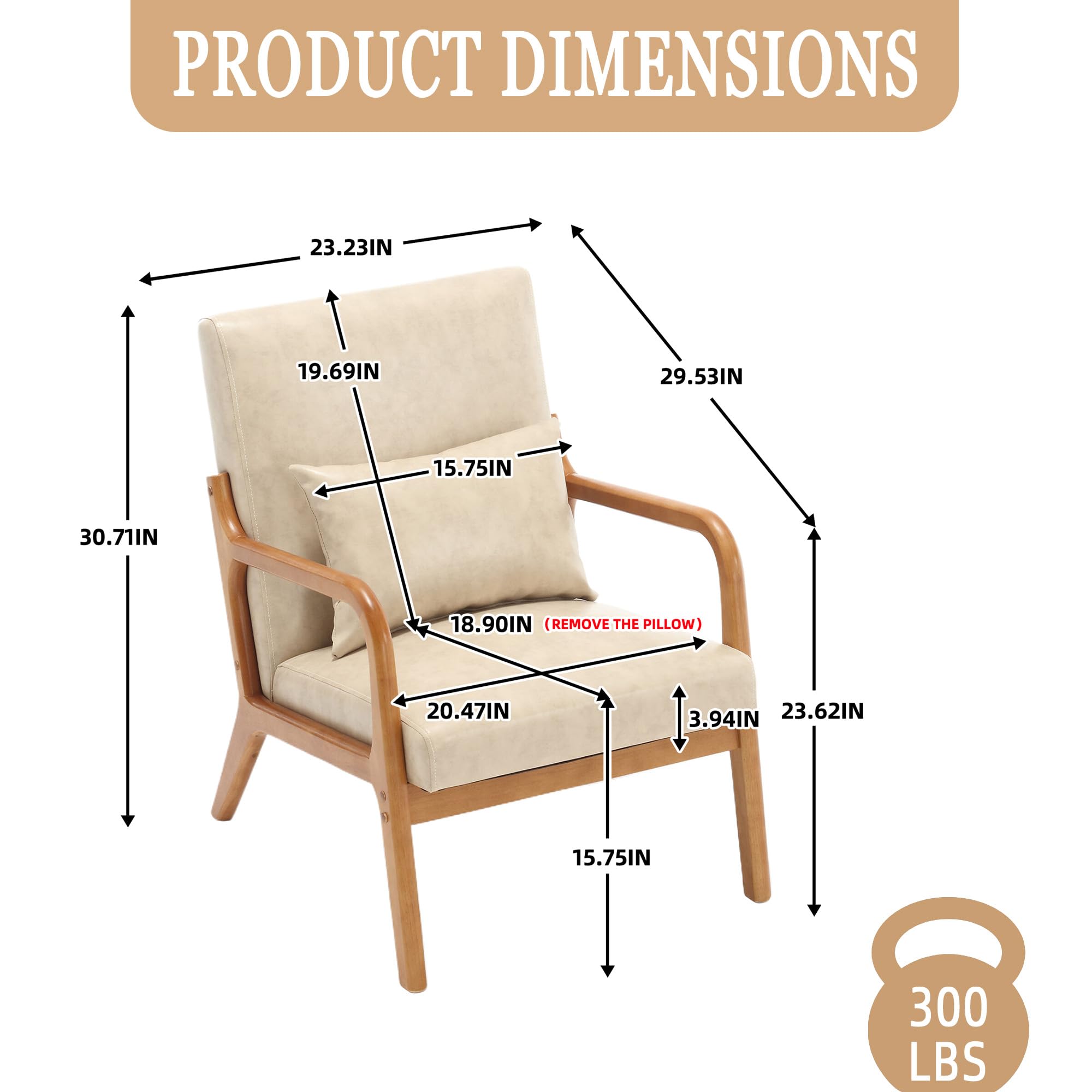 Mid-Century Modern Wooden Armchair with Padded Backrest & Seat Cushion - Comfortable Accent Chair for Living Room, Study or Apartment - Perfect Reading Chair & Lounge Seating (Khaki) - Ideal for Home Office, Coffee Nook & Cozy Corners