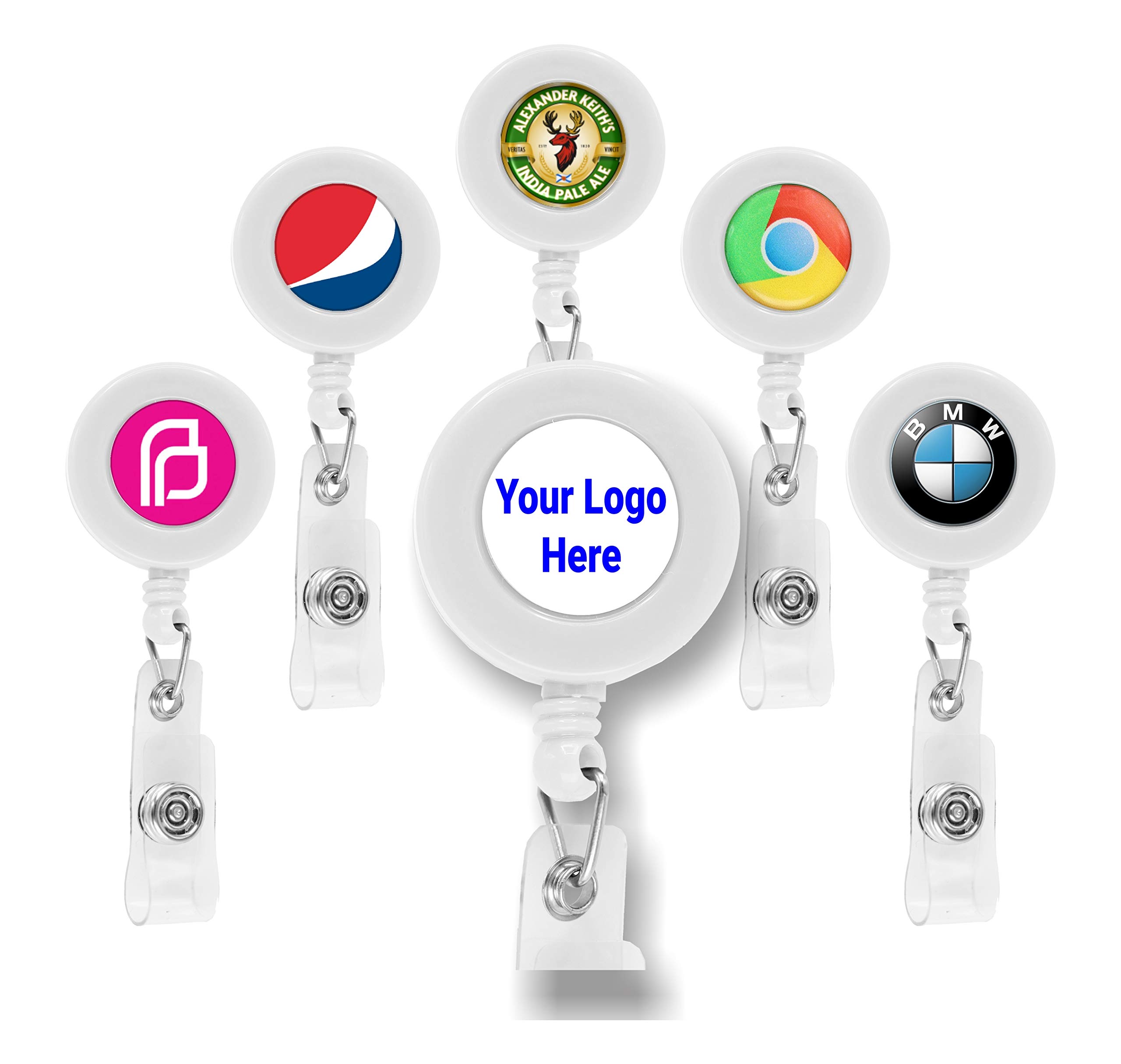 50 Pack Custom ID Badge Holders with Retractable Reel - Personalized Nurse Key Card Name Tag Holders with Belt Clip - White - Perfect for Hospitals, Conferences & Corporate Branding Events