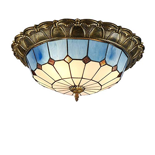 Homelava Tiffany Style Ceiling Light Fixture - 20.28 Inch Retro Stained Glass Art Deco Chandelier with 3 Lights, Flush Mount for Bedroom, Living Room, Dining Room - Vintage Blue Stained Glass Lamp for Home Decor & Interior Design