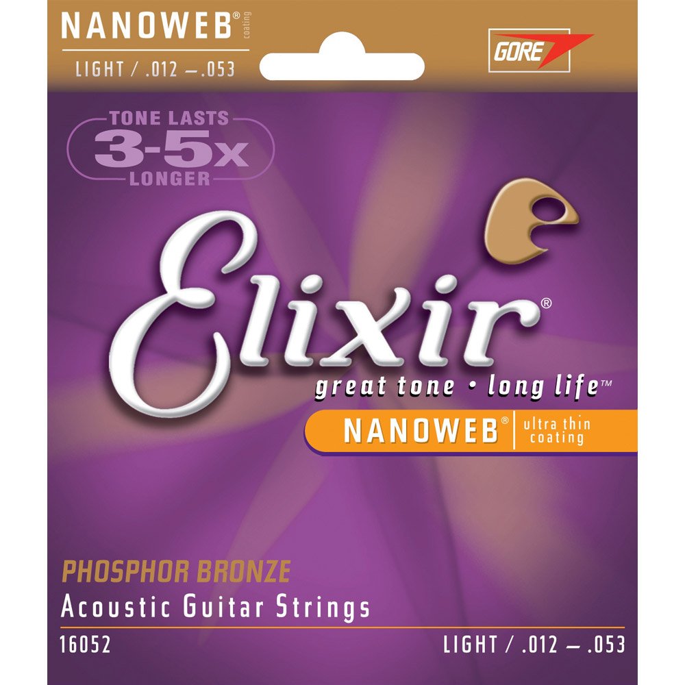 Elixir 16052 Phosphor Bronze Acoustic Guitar Strings with Nanoweb Coating - Light Gauge 12-53 (2 Pack) - Perfect for Folk, Country & Fingerstyle Playing