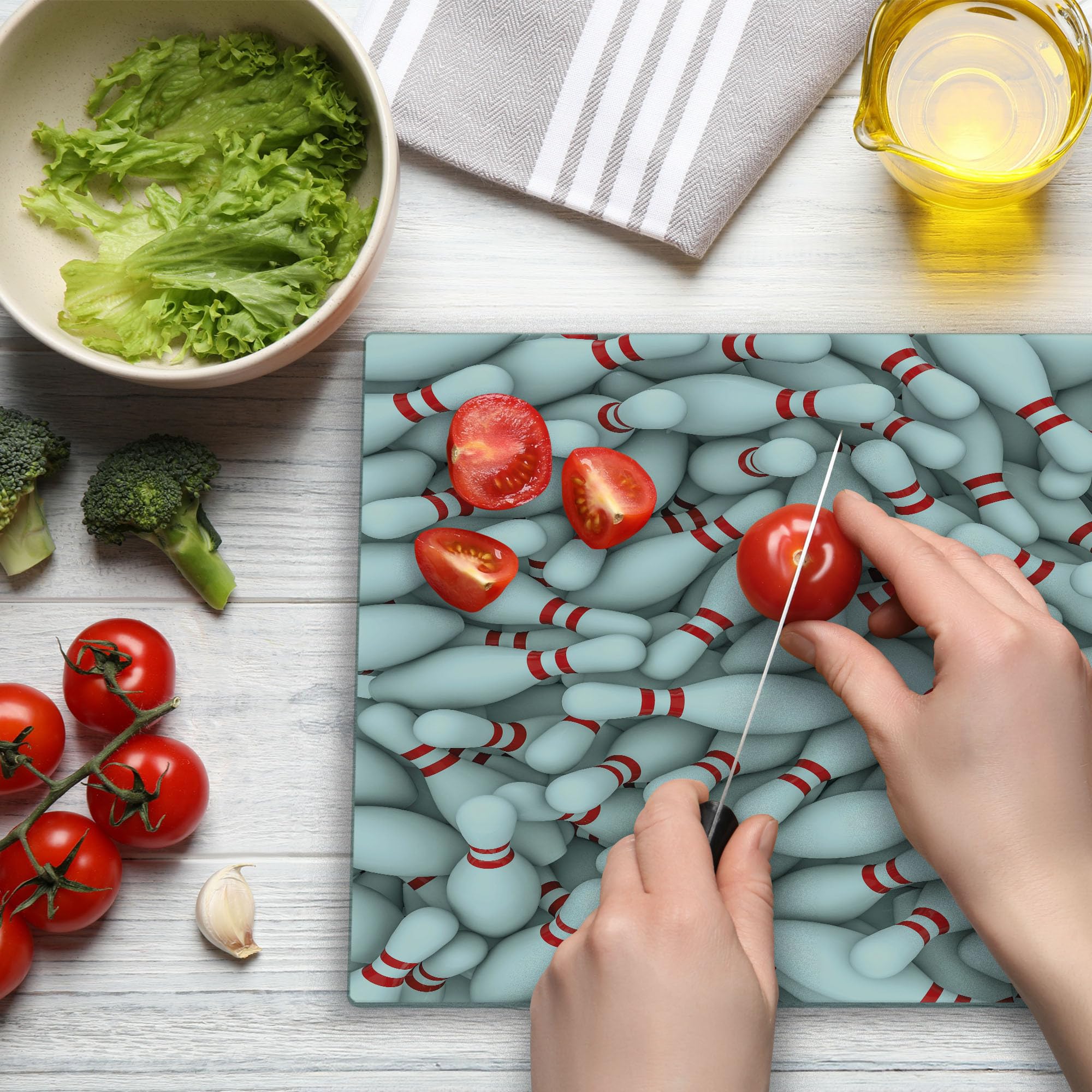 Ambesonne Bowling Party Cutting Board - 3D Printed Tempered Glass Serving Board with Vivid Bowling Pins & Red Stripes - Large Red & White Decorative Kitchen Accessory - Perfect for Bowling Themed Parties, Game Nights & Unique Gifts