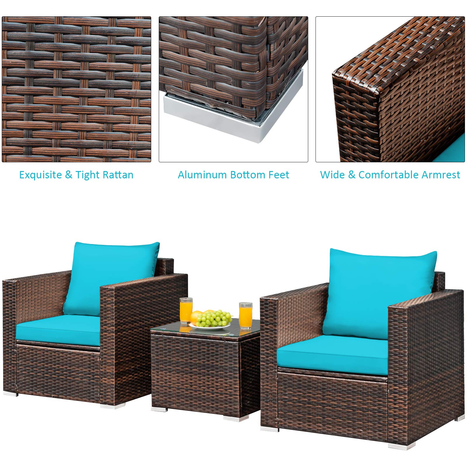 Tangkula 3-Piece Outdoor Patio Furniture Set with Washable Cushions & Tempered Glass Table - PE Wicker Rattan Sofa Set for Garden, Poolside, Balcony - Perfect for Backyard Relaxation & Outdoor Entertaining