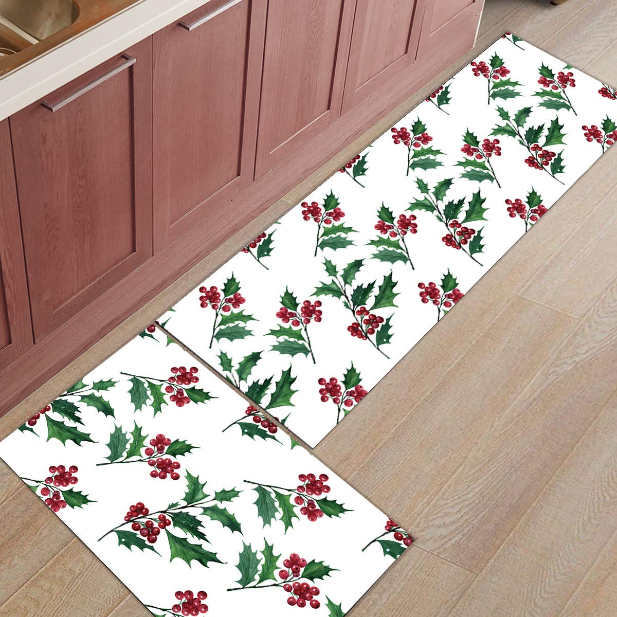 Non-Slip Kitchen Rugs Set of 2 - Christmas Berries & Holly Print Washable Runner Carpet with Rubber Backing | Water-Absorbing Low Pile Area Mat for Bedroom, Bathroom & Indoor Use | Perfect for Holiday Decor, Home Accent & High-Traffic Areas