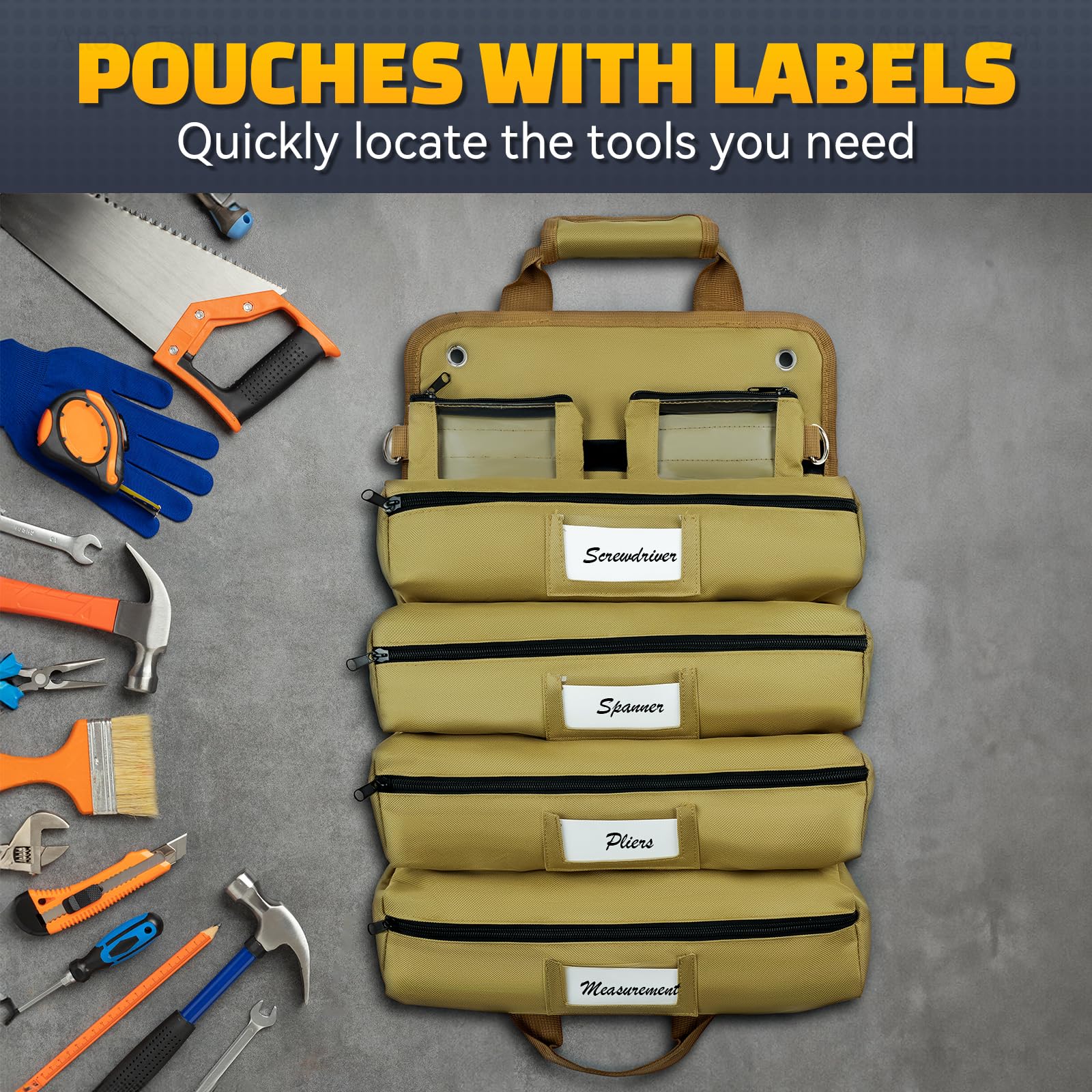 Tomorotec Heavy Duty Roll Up Tool Bag Organizer with 2 Detachable Pouches - Labeled Compartments & Expandable Pockets for Compact Tool Storage - Perfect for Electricians, Mechanics & DIY Home Improvement Projects