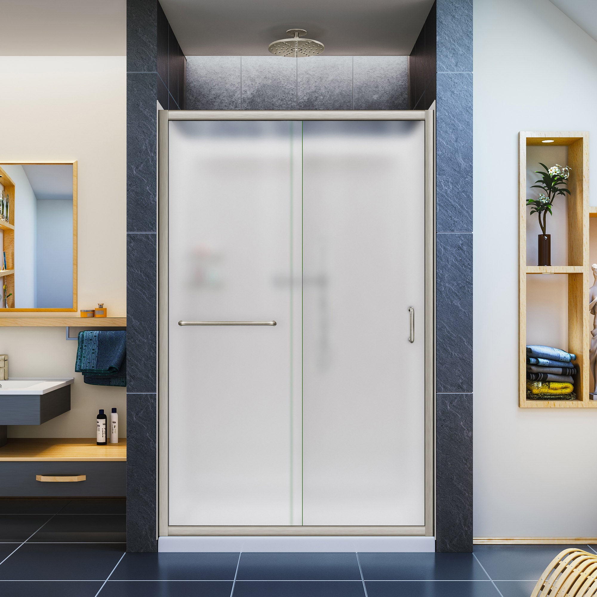 DreamLine Infinity Z 36 in. D x 48 in. W x 76 3/4 in. H Semi Frameless Sliding Shower DoorShower Base and Q WALL 5 Backwall KitFrosted Glass