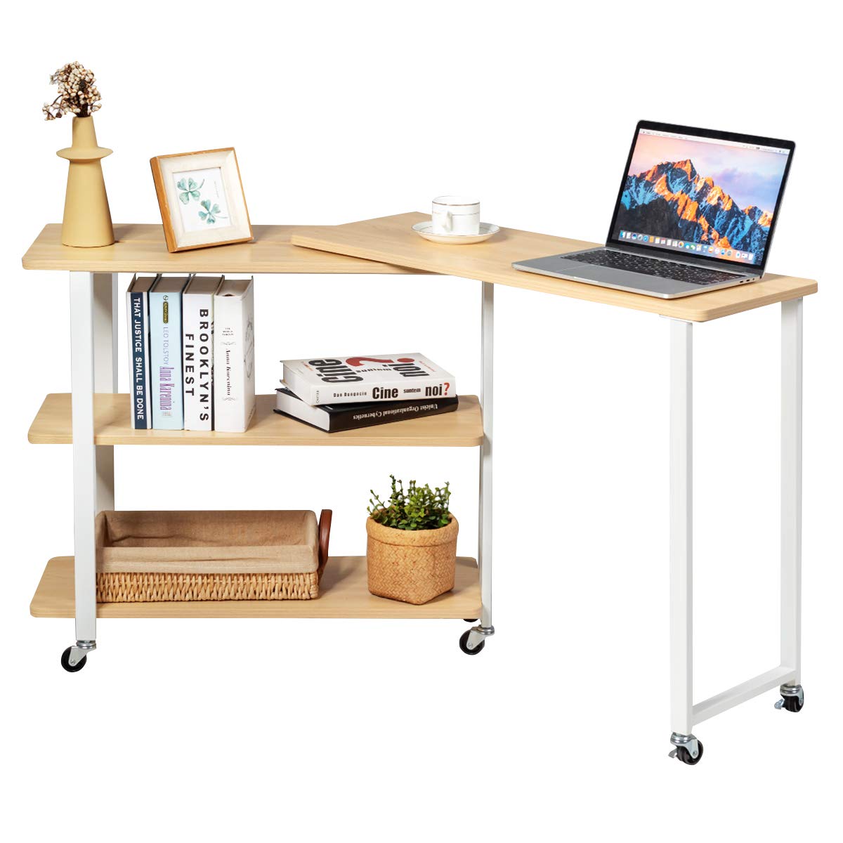 KOTEK 360° Rotating L-Shaped Corner Desk with 2-Tier Storage Shelf - Mobile End Table with Casters for Sofa, Living Room & Home Office - Natural Wood Finish for Laptop, Snacks & Reading