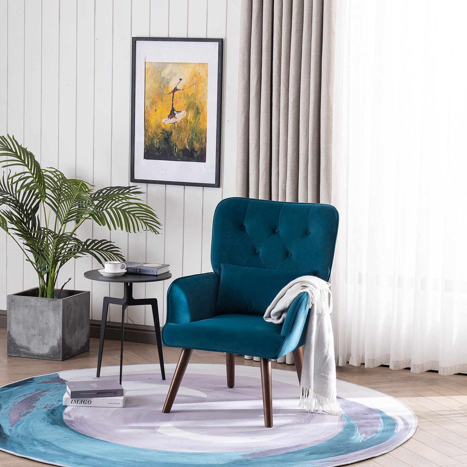 Modern Tufted Upholstered Accent Chair with Solid Wood Legs - High Back Lounge Chair for Living Room & Bedroom (Blue & Green) - Perfect for Relaxing, Reading, or Adding Stylish Seating to Your Home