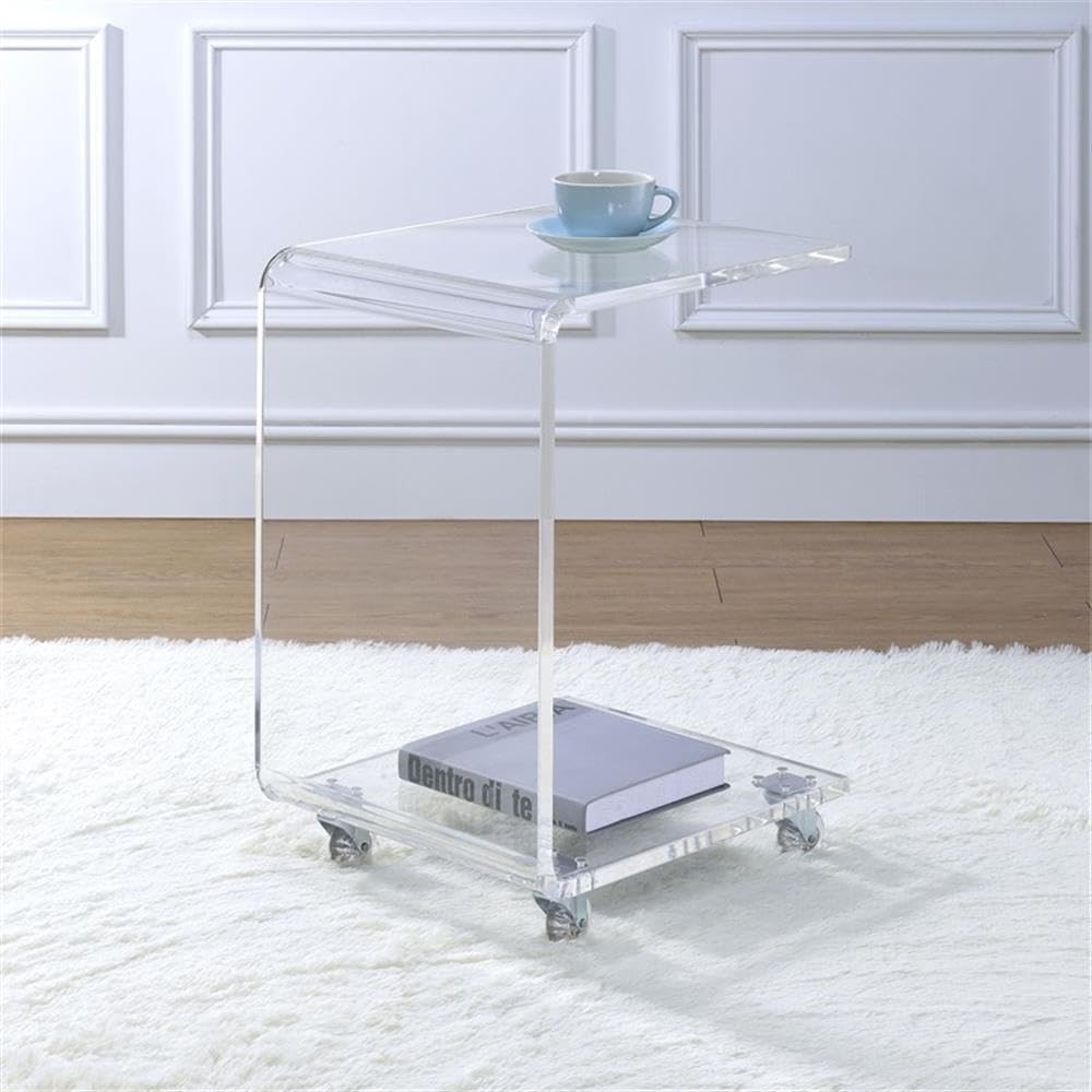 BOWERY HILL Modern Clear Resin End Table - Rectangle C-Shape Coffee Table with Shelf, Fits Under Couch - Perfect for Living Room, Bedroom & Small Spaces