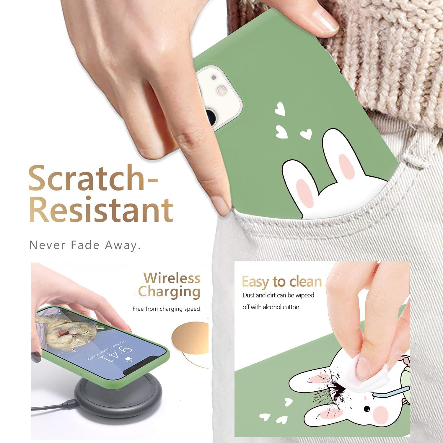 Cute Kawaii Bunny iPhone SE 2020 Case - Pearl Milk Tea Green Liquid Silicone Soft Gel Rubber Cover for iPhone 7/8 - Trendy Protective Phone Case for Women & Girls - Perfect for Daily Use, School, Work and Travel