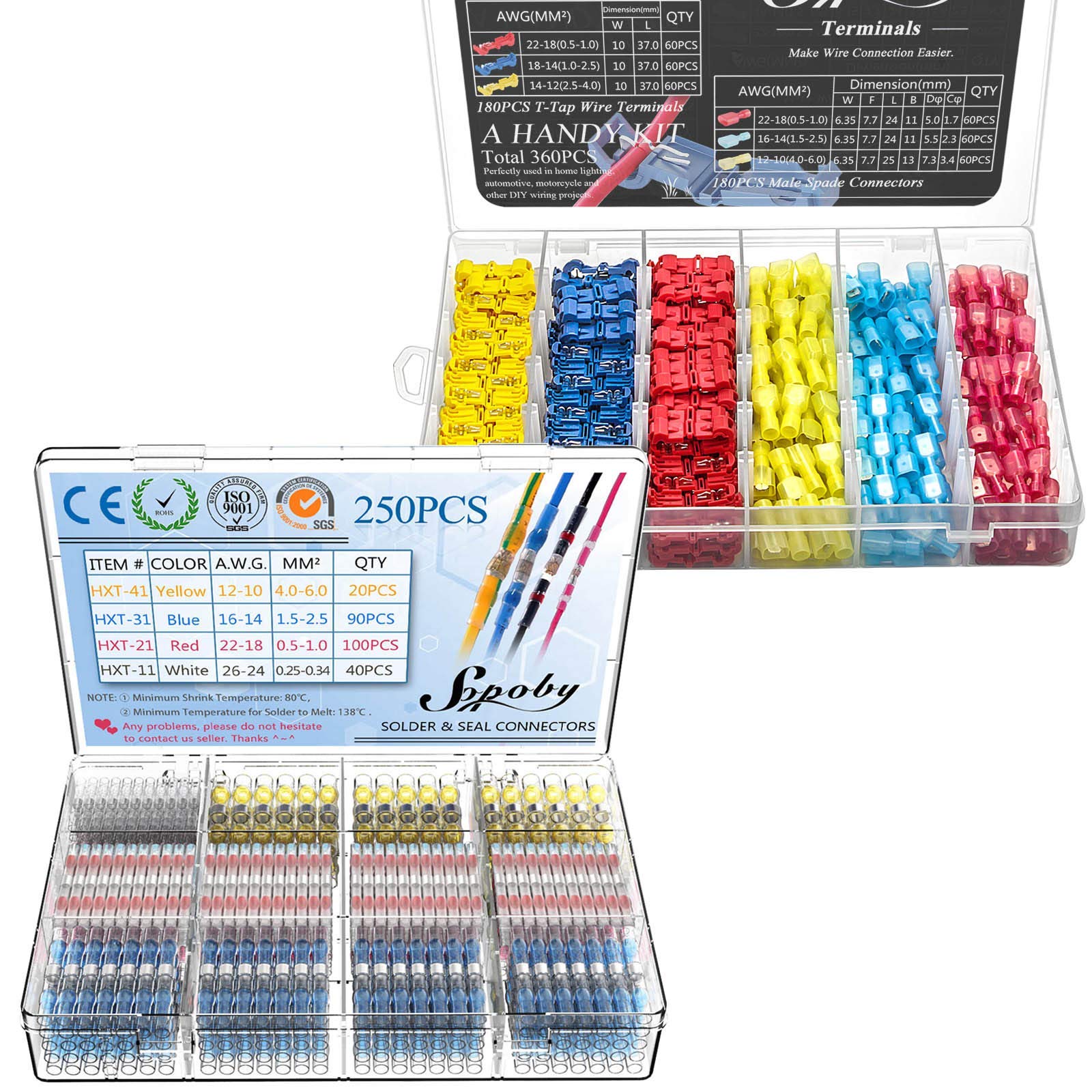 250PCS Solder Wire Connectors & 360PCS T Tap Wire Connectors Kit - Electrical Wiring, Automotive, DIY Projects - Secure & Quick Wire Connections for Home, Car, and Electronics Repair