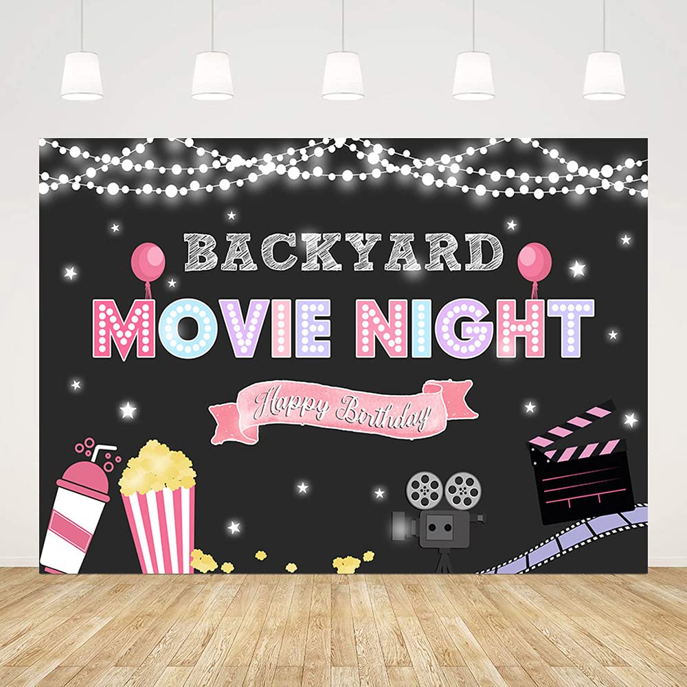 7x5ft Pink Movie Night Backdrop for Girls - Birthday Party Decorations, Backyard Projector Screen, Cake Table Banner, Popcorn & Sparkling Drink Background - Perfect for Birthday Parties, Movie Nights & Outdoor Gatherings