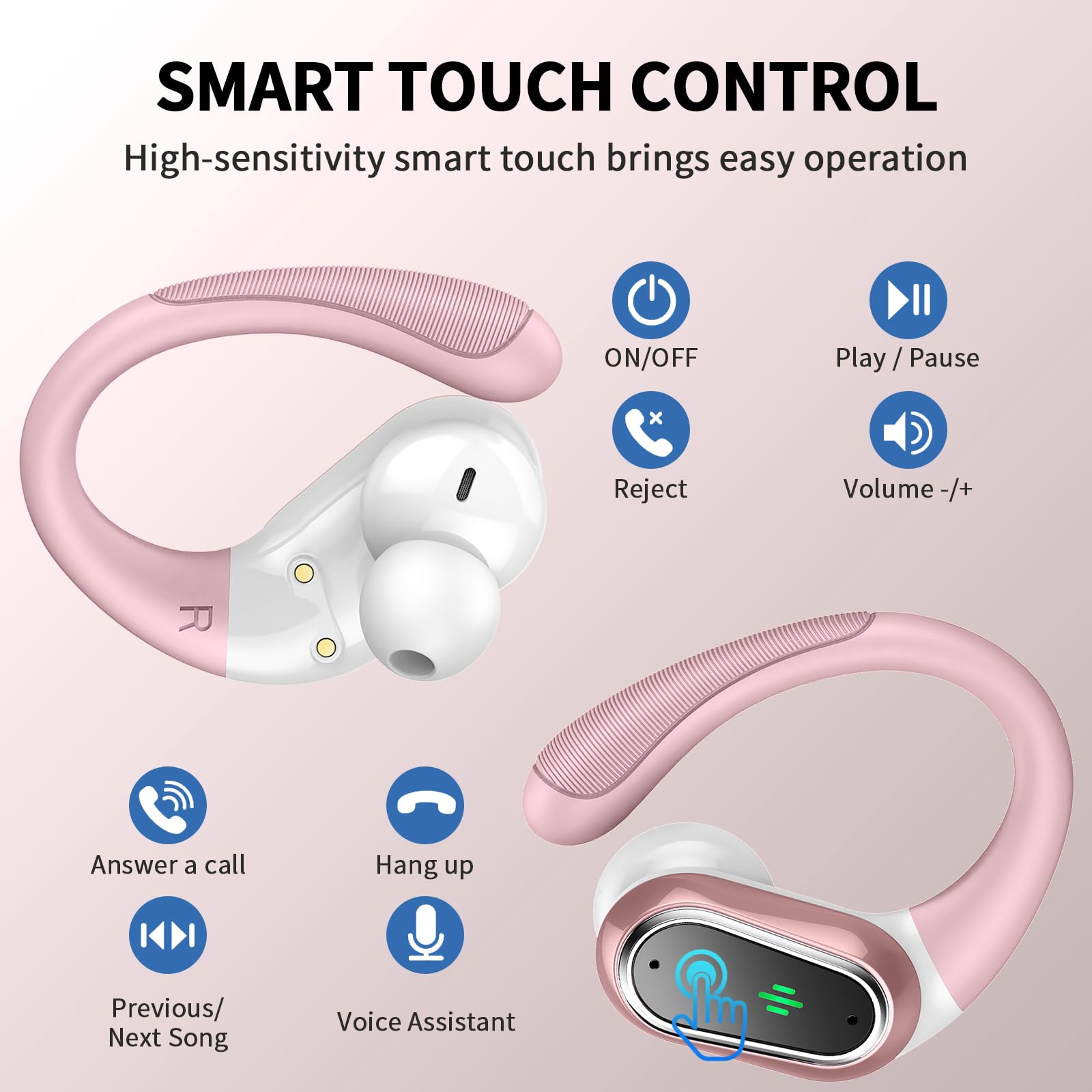 Wireless Bluetooth 5.3 Earbuds with ENC Noise Cancellation, 50H Playtime Sport Headphones, IPX7 Waterproof Earhooks for Running, Gym & Workout - Rose Gold | Perfect for Jogging, Cycling & Fitness Training