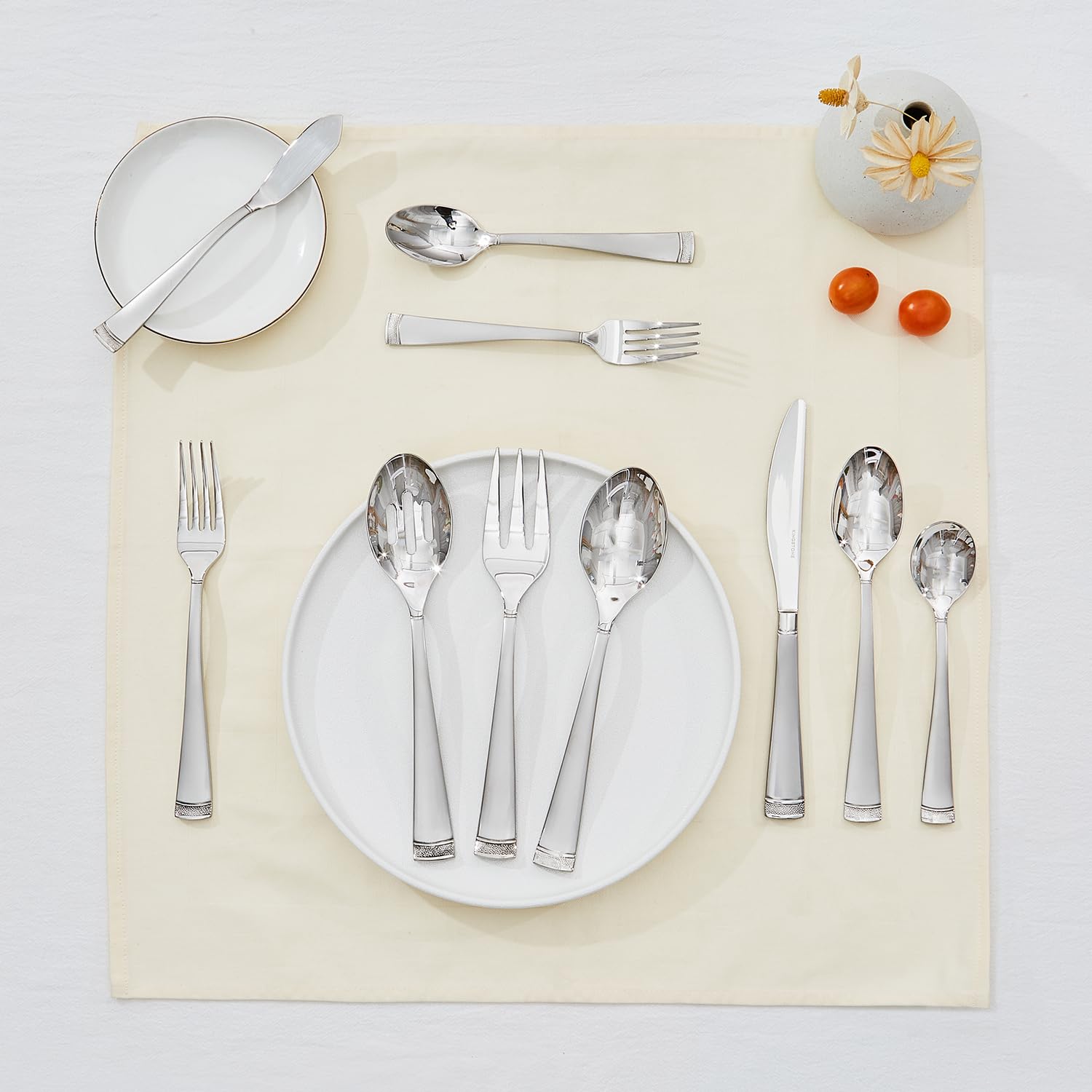 KINGSTONE 65-Piece Silverware Set for 12, 18/10 Stainless Steel Flatware Set with Bead Edge - Mirror Polished, Dishwasher Safe Cutlery for Kitchen, Home, Party & Wedding - Perfect for Holiday Dinners, Formal Dining & Gift Giving