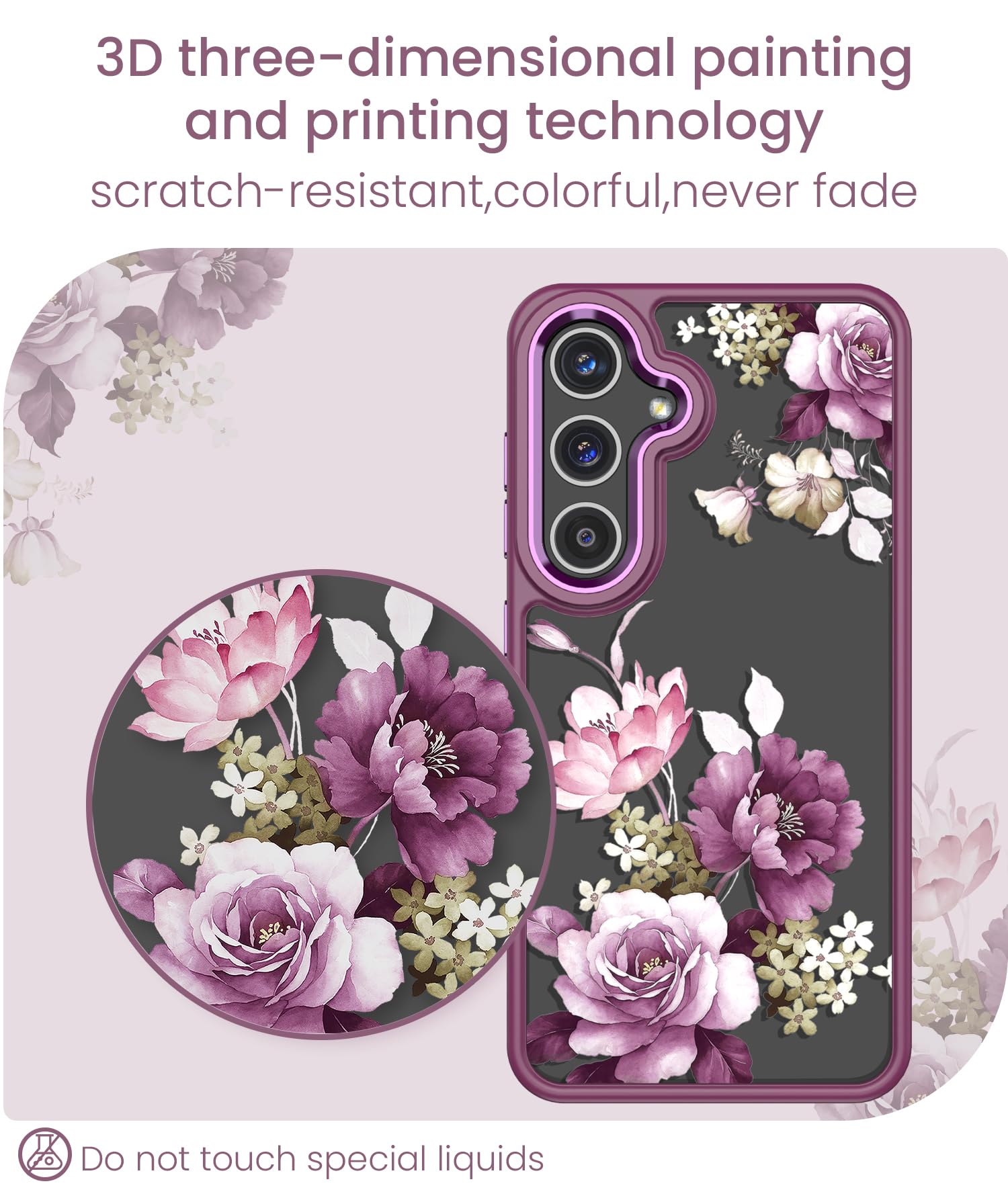 Samsung Galaxy S24 Plus Case with Tempered Glass Screen Protector | Military Grade Protective Cover for Galaxy S24+ 5G | Slim Soft TPU & Hard PC Hybrid Design | Crystal Clear Flower Pattern Purple Case for Women | Perfect for Daily Use, Travel & Outdoor Protection