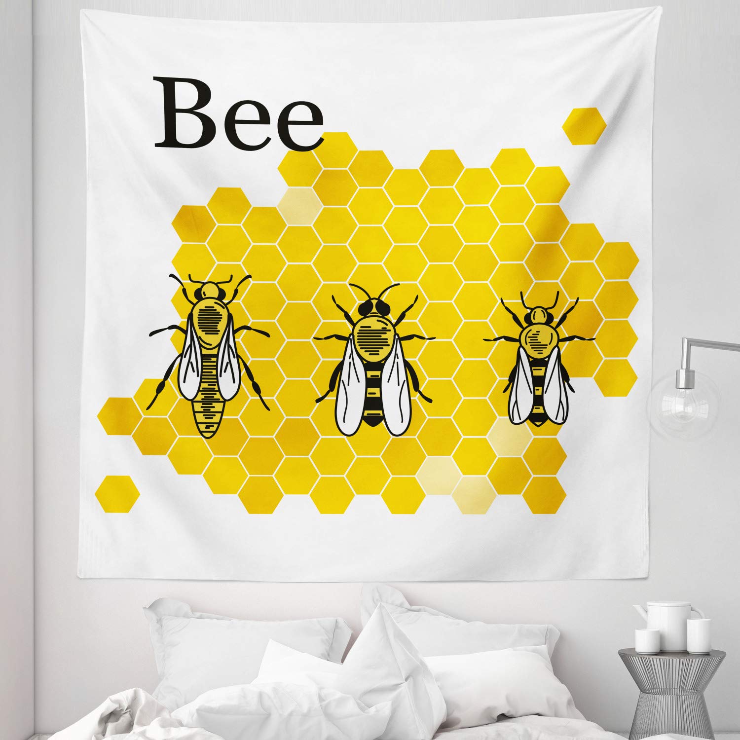 Ambesonne Queen Bee Tapestry King Size - Computer Graphic Art of Queen Drone & Worker Bees - 88x88 Inch Wall Hanging Bedspread - Earth Yellow Grey Home Decor for Bedroom, Living Room, Dorm Wall Art