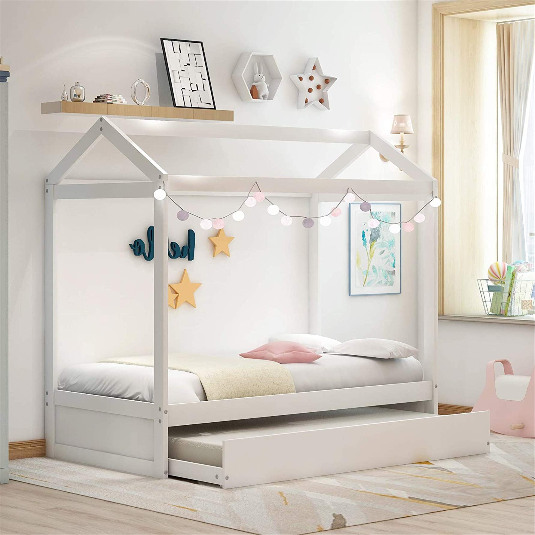 Harper & Bright Designs Twin Size House Bed Frame with Trundle - Kids Daybed with Roof Design, No Box Spring Needed - Perfect for Bedrooms, Playrooms & Sleepovers