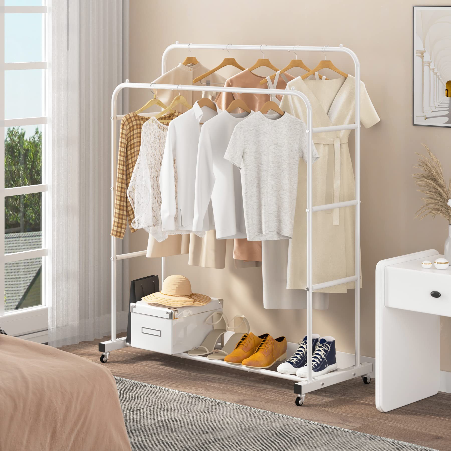 Laiensia Double Rod Rolling Garment Rack with Wheels - Heavy Duty Clothes Hanging Organizer for Bedroom, Closet & Laundry Room - Multi-Functional Freestanding Clothing Rack in White - Perfect for Drying Clothes, Organizing Wardrobe & Temporary Storage