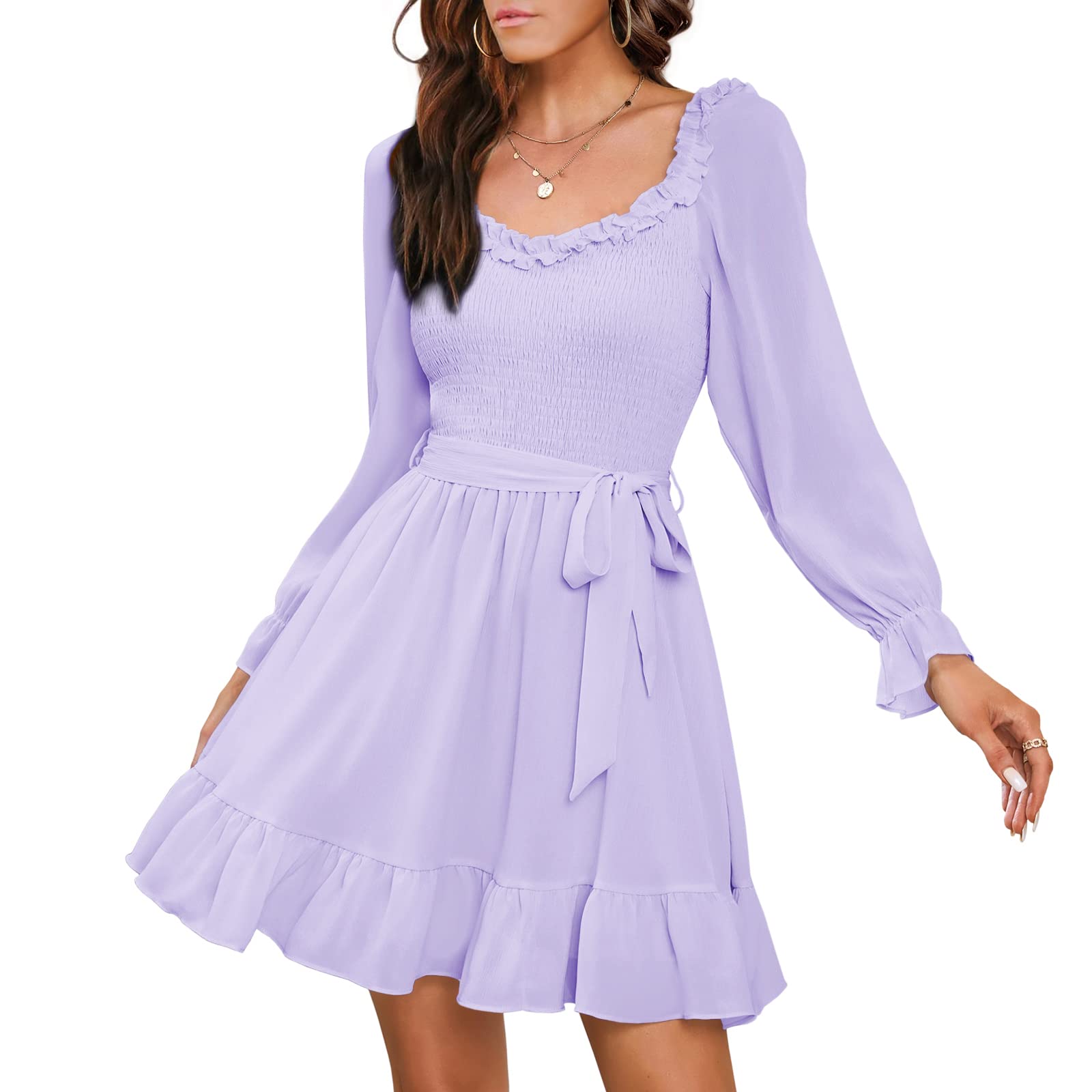 EXLURA Women's Long Puff Sleeve A-Line Mini Dress with Sweetheart Neckline & Smocked Waist - Elegant Wedding Guest Dress for Parties, Bridal Showers & Special Occasions
