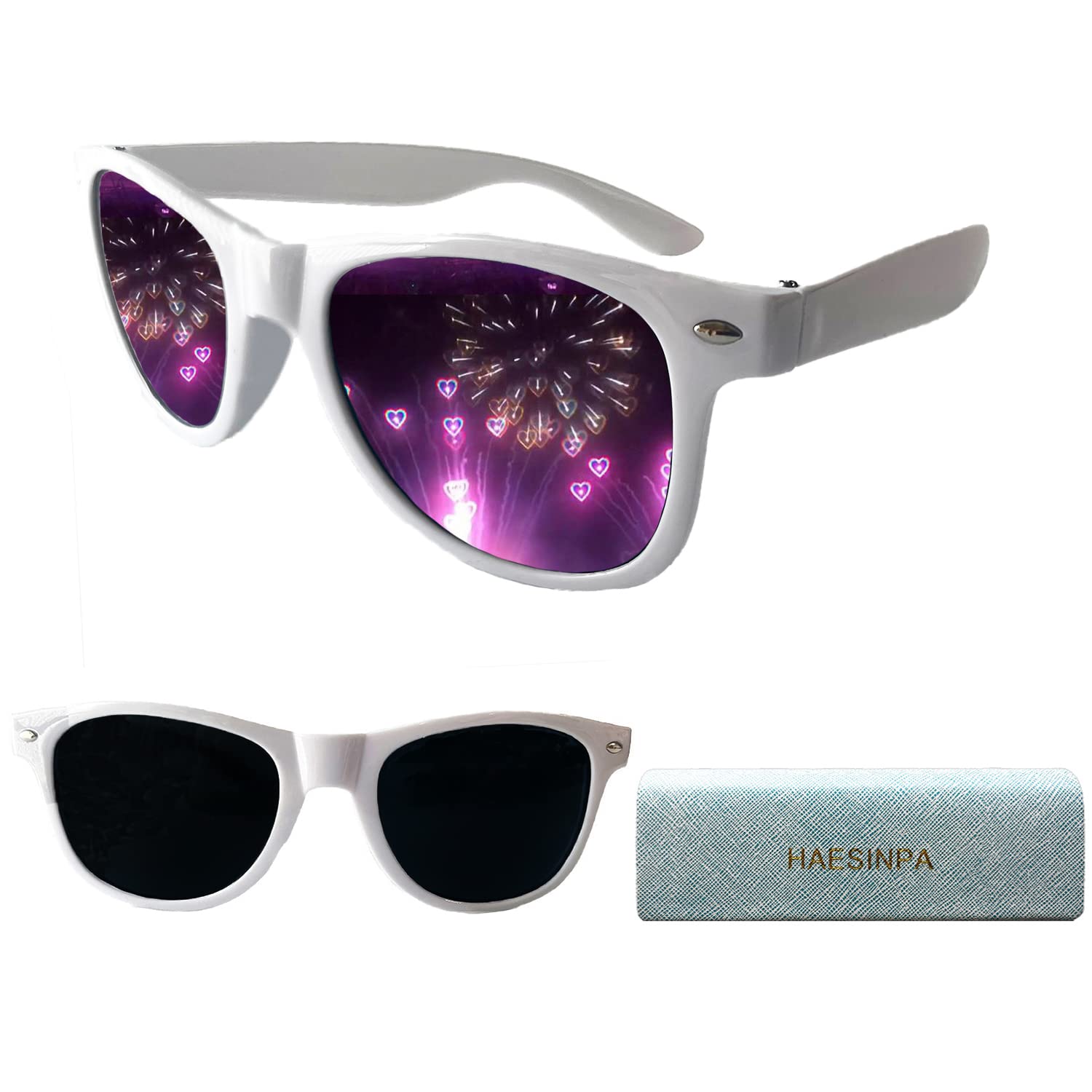 Heart Effect Diffusion Glasses - Square Frame White with Stylish Case | 3D Holographic Visuals for Raves, Concerts & Festivals | Perfect Party Accessory for EDM, Laser Shows & Nightlife Events