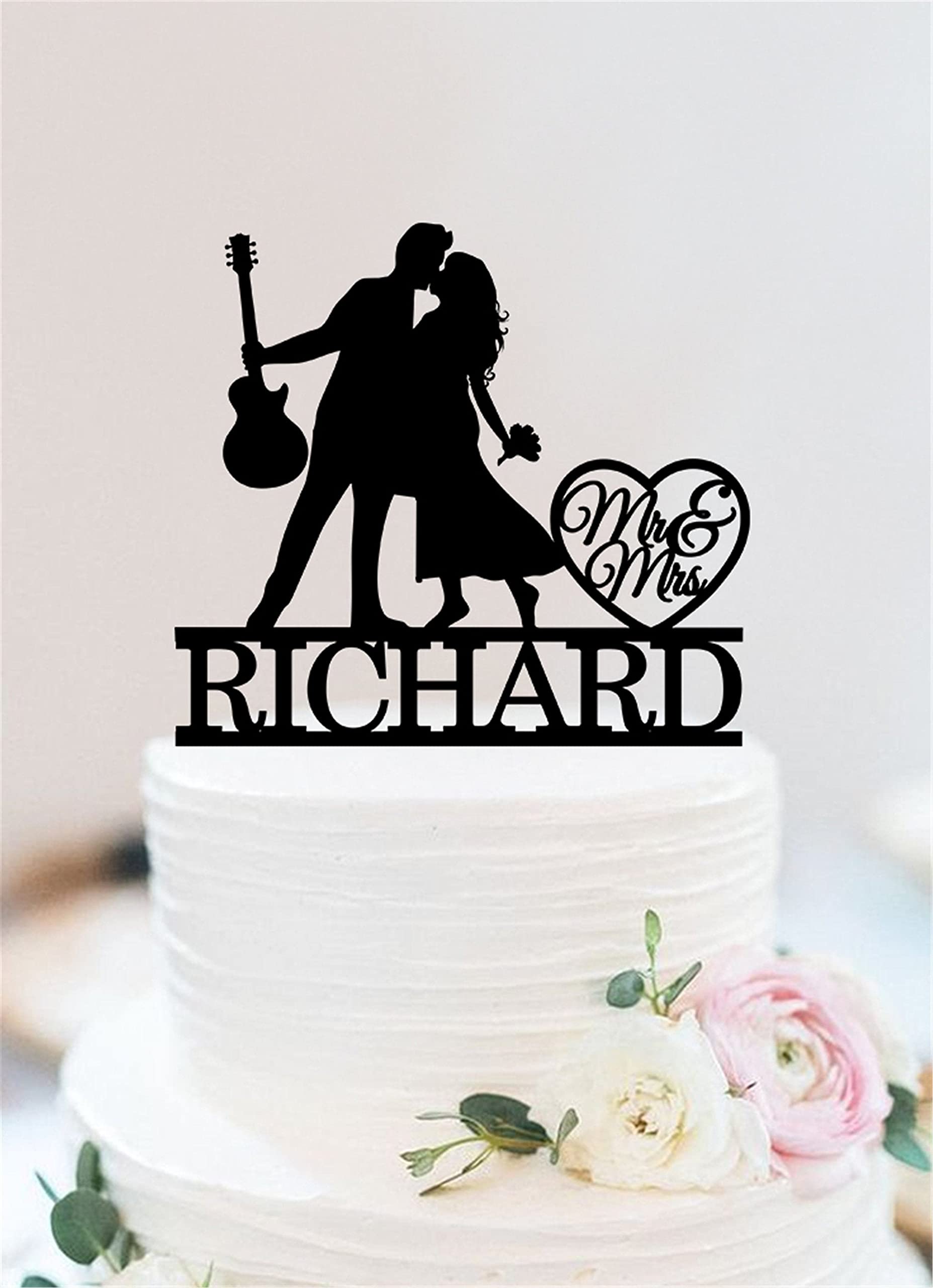 Custom Guitarist Wedding Cake Topper - Personalized Name & Color - Guitar Player & Musician Cake Decor - Rustic Mr & Mrs Cake Topper for Wedding, Anniversary, Birthday & Music-Themed Celebrations