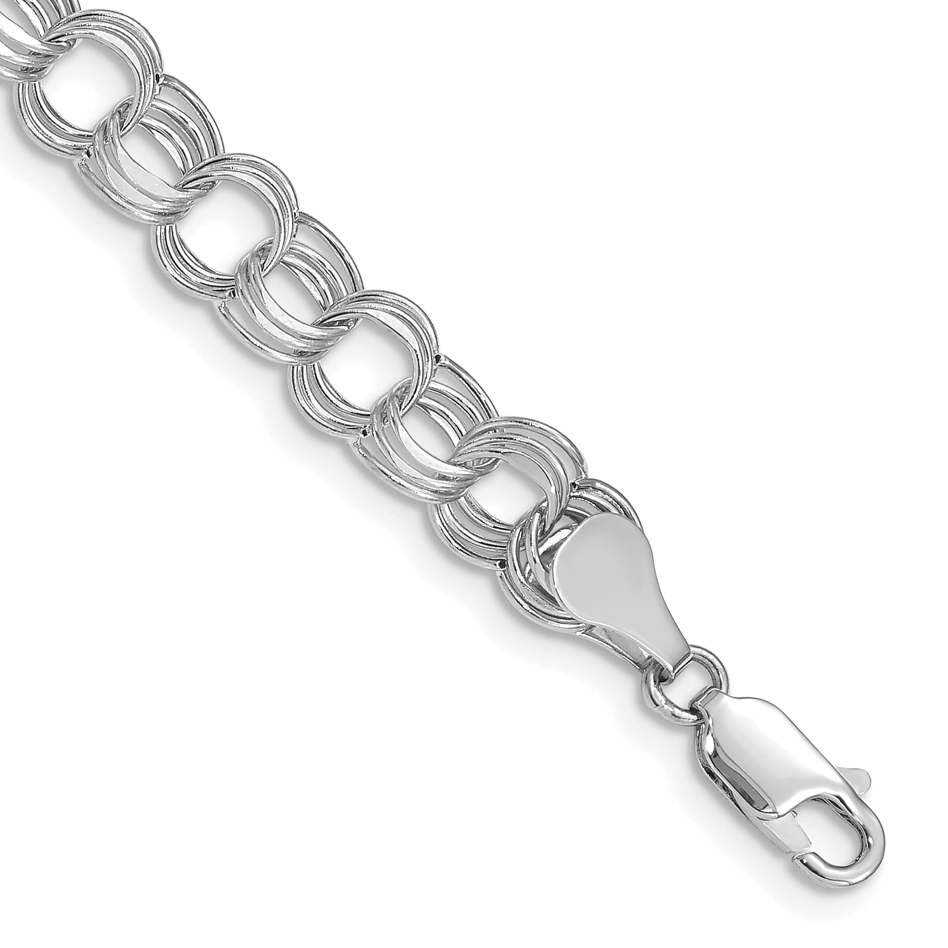 14K White Gold 7mm Triple Link Charm Bracelet for Women - Adjustable 7.25