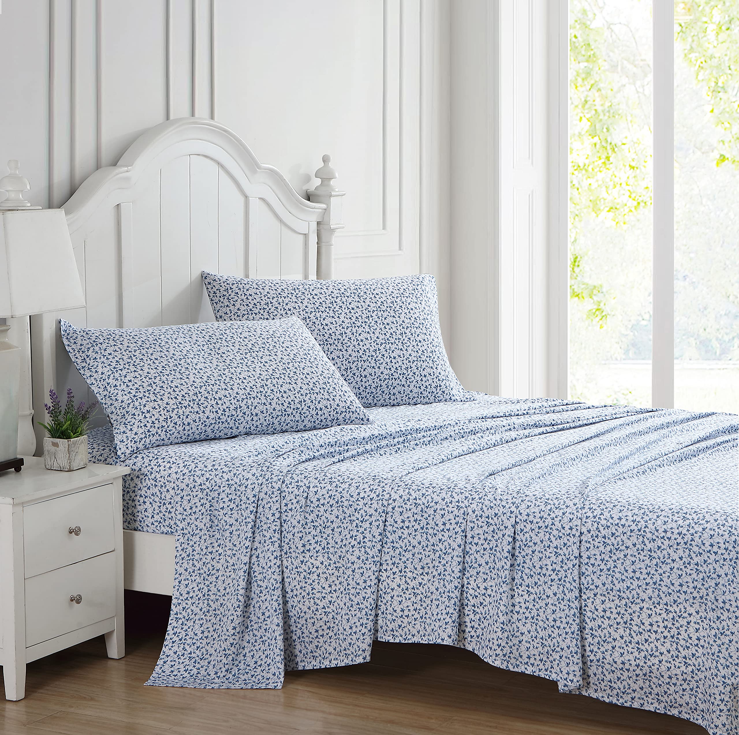 Laura Ashley Home - Queen Size 4-Piece Sateen Cotton Sheet Set - Ultra Soft, Breathable & Wrinkle Resistant Bedding (Lavender Vine Indigo) for Luxury Bedroom Decor & Guest Room Essentials