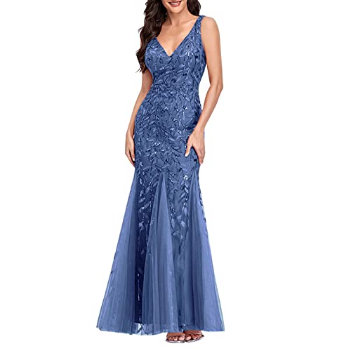 Elegant Women's Fishtail Evening Dress - Embroidered Sleeveless V-Neck Maxi Dress for Wedding, Bridesmaid, Prom & Formal Events | Floor-Length Bandage Gown in Sky Blue | Perfect for Galas, Cocktail Parties & Special Occasions (Size S)