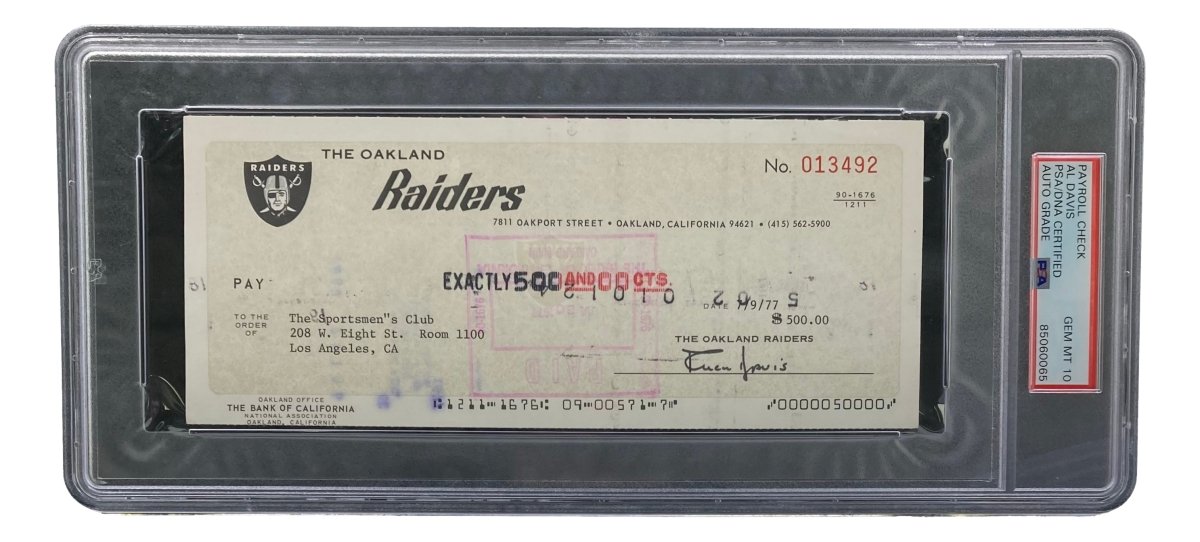 Authentic Al Davis Signed Oakland Raiders Bank Check #13492 - PSA/DNA Certified Gem MT 10 - Rare NFL Memorabilia for Collectors & Raiders Fans