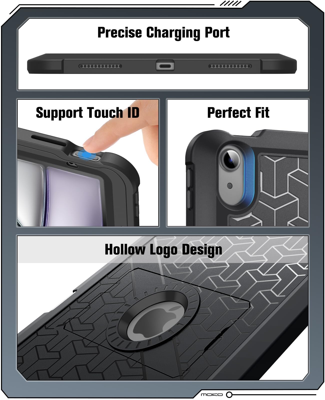 MoKo iPad Air 11 Inch Case (M3 2025 / M2 2024) & iPad Air 5th/4th Gen 10.9 Inch Case (2022/2020) - Heavy Duty Shockproof Full Body Cover with Built-in Screen Protector & Apple Pencil Holder - Black - Perfect for Work, Travel & Outdoor Protection